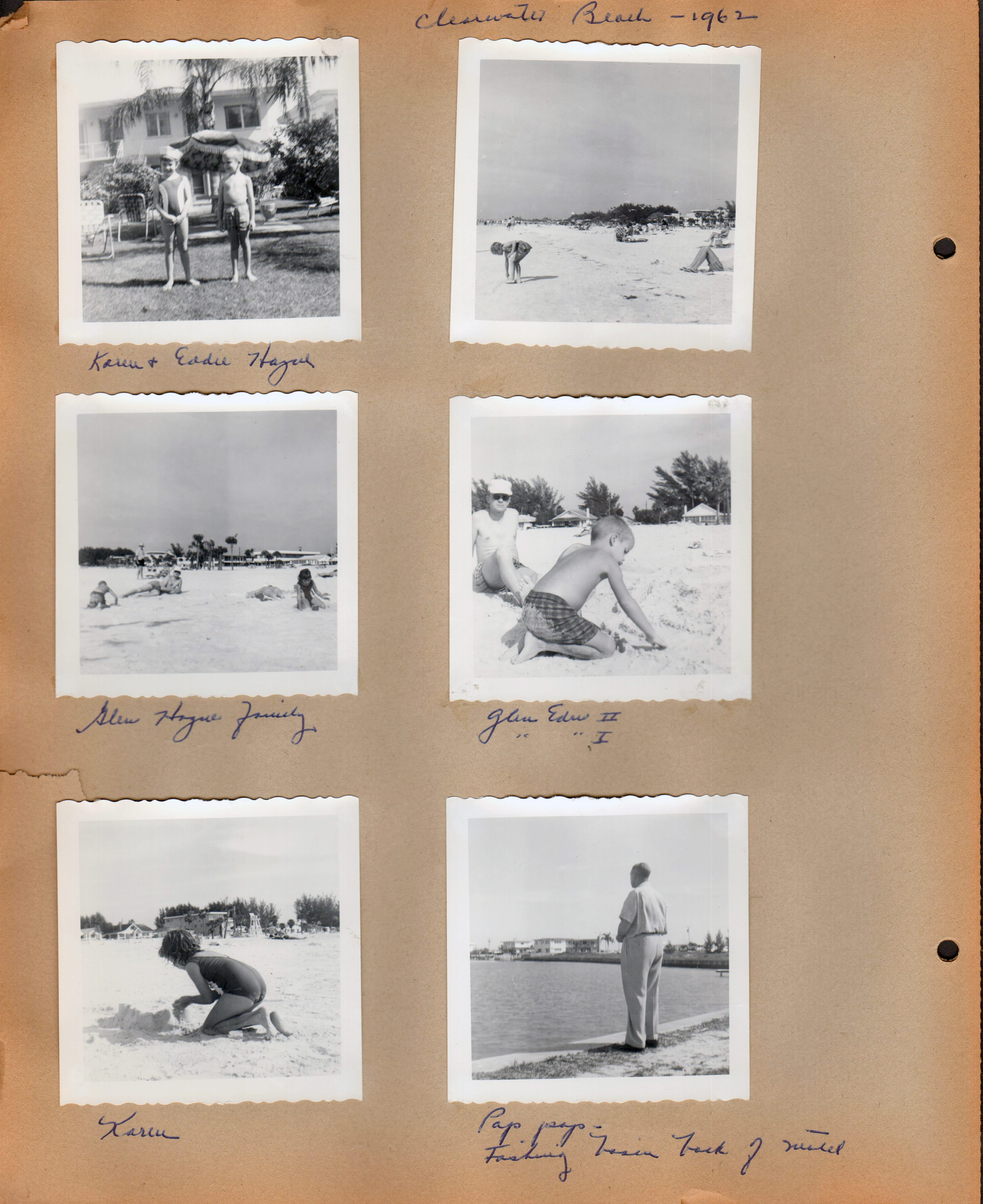 1962 Clearwater Beach - Karen + Eddie Hague. beach. Glen Hague family. Glen Edw II and I. Karen, Pop pop - fishing basin back of motel