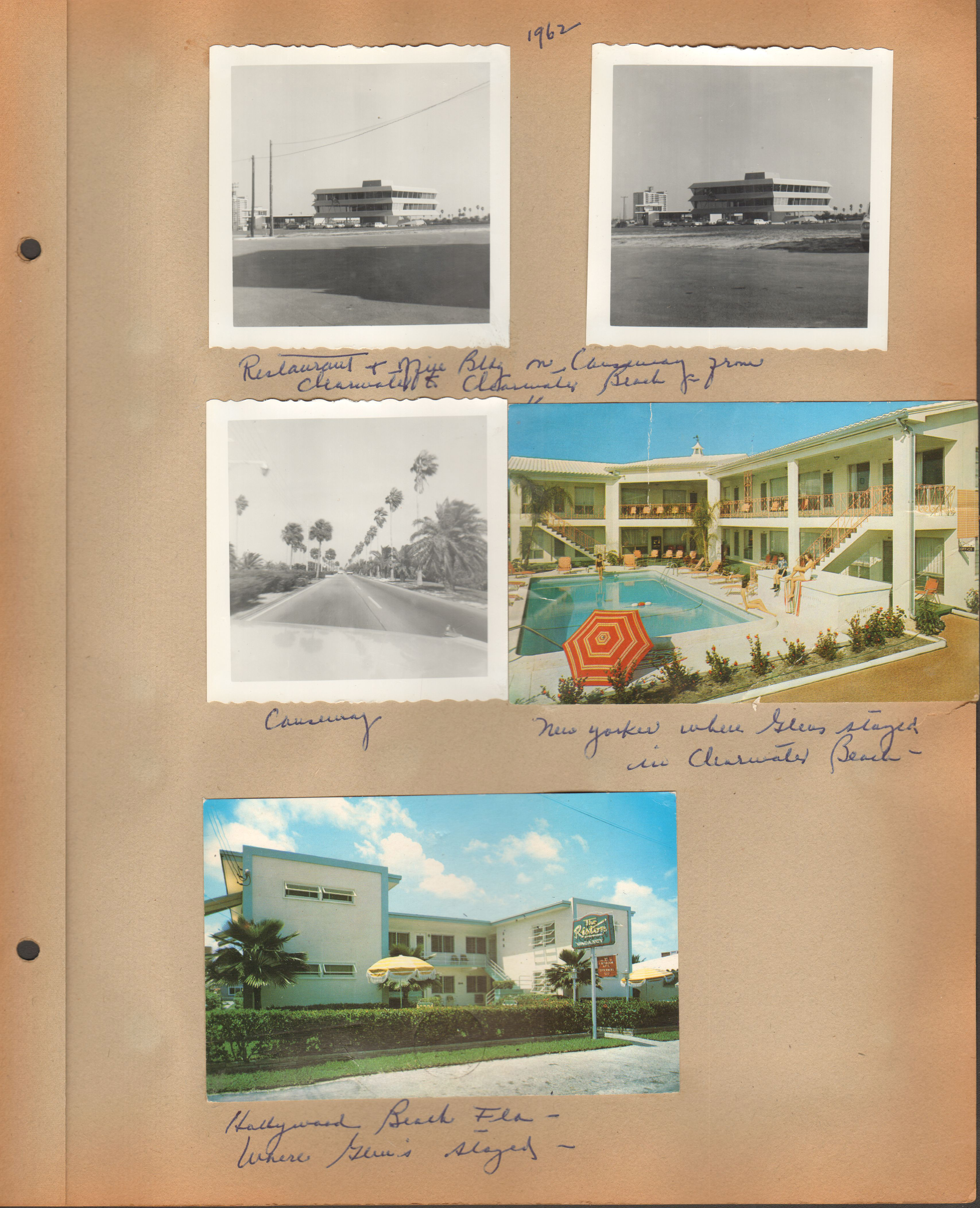 1962 - Restaurant + office bldg on causeway from Clearwater Beach. Causeway, Postcard - New Yorker where Glen's stayed in Clearwater Beach. Postcard -The Riston Apartments 326 Coolidge Street, Hollywood Beach, Fla where Glen's stayed C-16534 