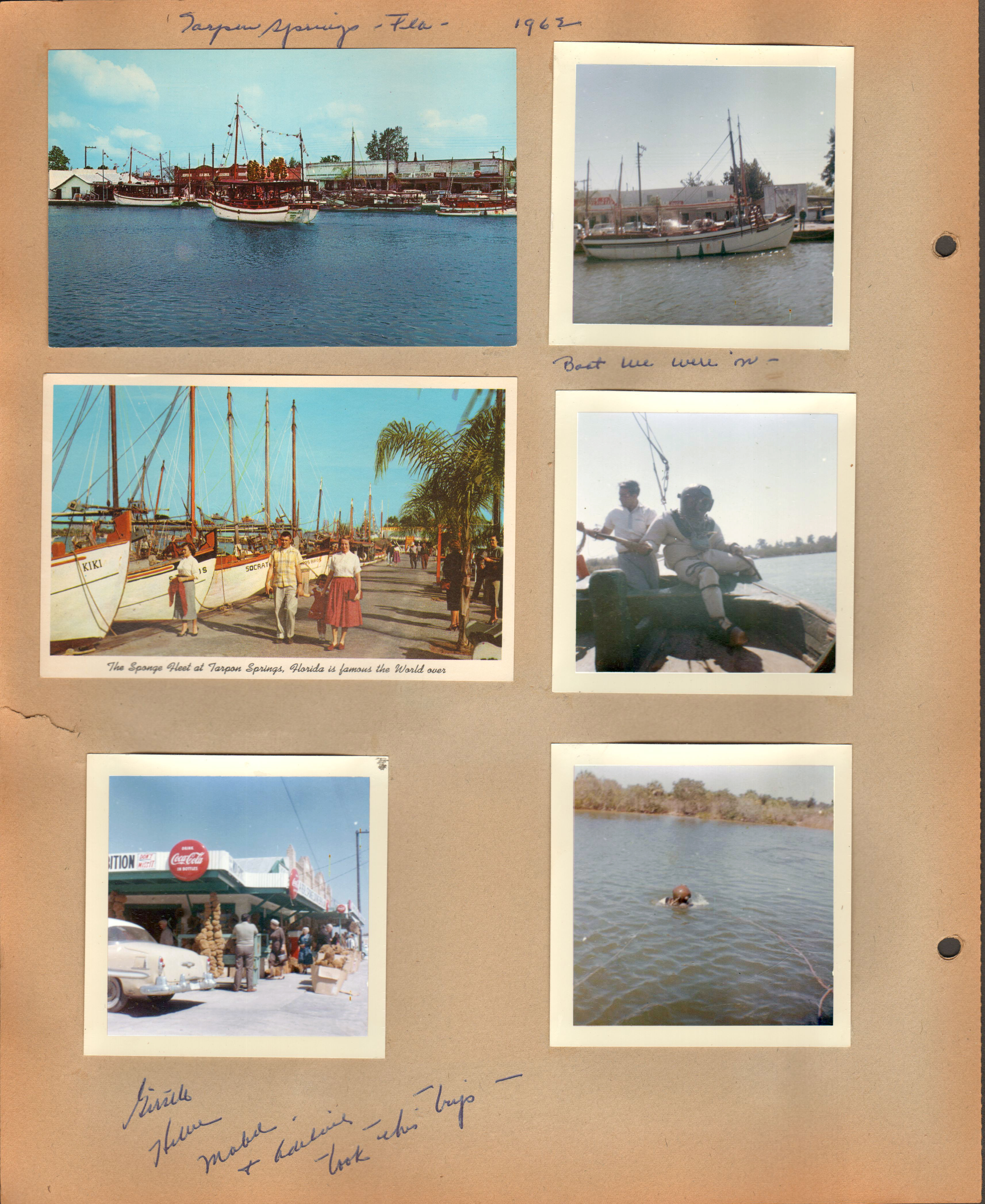 1962 - Tarpon Springs, Fla. Boat we were on. Postcard - The sponge fleet at Tarpon Springs. Girstle, Helen, Mabel + Adeline took this trip