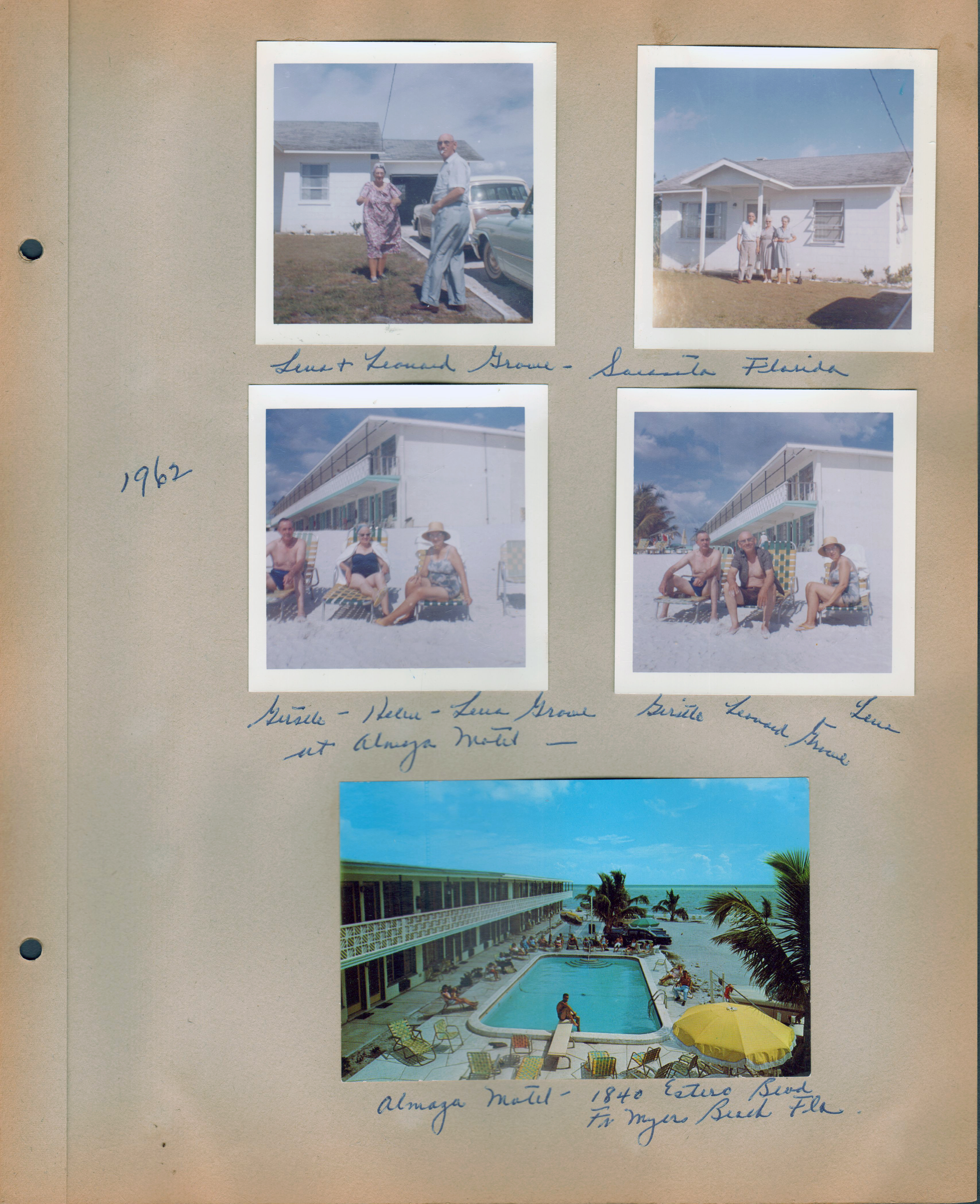 1962 - Lean + Leonard Grove - Sarasota, Florida. Girstle - Helen - Lena Grove at Almaya Motel. Girstle, Leonard Grove, Lena on beach. Postcard - Almaya Motel - 1840 Estero Blvd, Ft Myers Beach, Fla