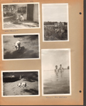 Lake Manitou - Rochester, Indiana 1939 - Mrs Powell washing a dog. John and Glen in field by West Side Hotel sign. John and Joe Whicker in lake.