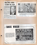 newspaper clipping - Open house for Ray Taylor. newspaper clipping - 1895 photo Nora School (Cummings teacher of John W Dawson, teacher is grandpa of Margaret Cox. newspaper clipping - Back When - Sanders and Recker Furniture.