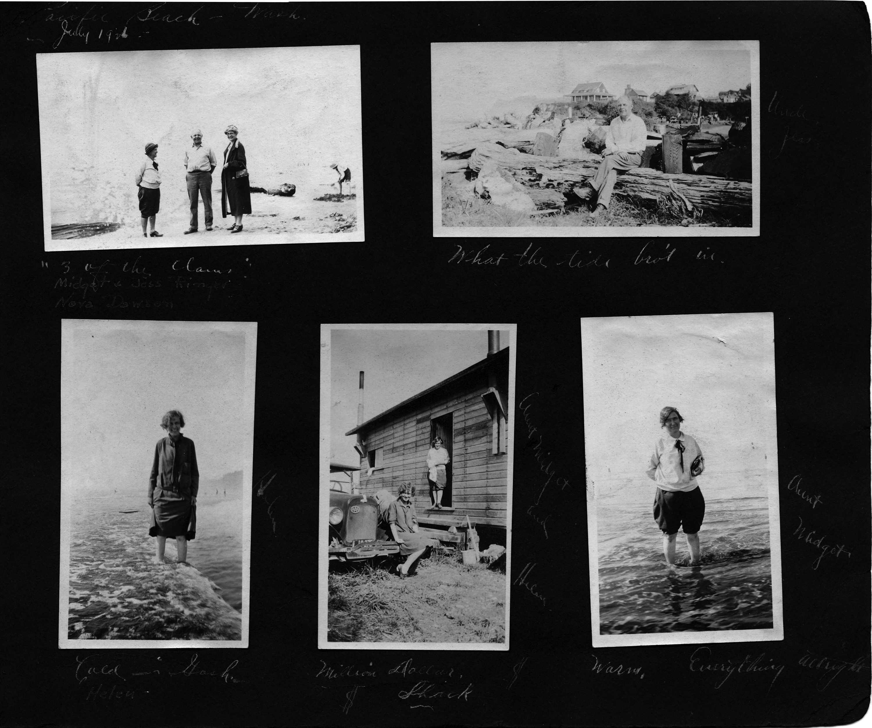 Pacific Beach, Wash. 1926 / 3 of the clan. Midget + Jess Ringer, Nora Dawson / Cold - Gosh - Helen / Million Dollar Shack - Aunt Midget and Helen / Aunt Midget - Warm - Everything alright / What the tide bro't in - Uncle Jess