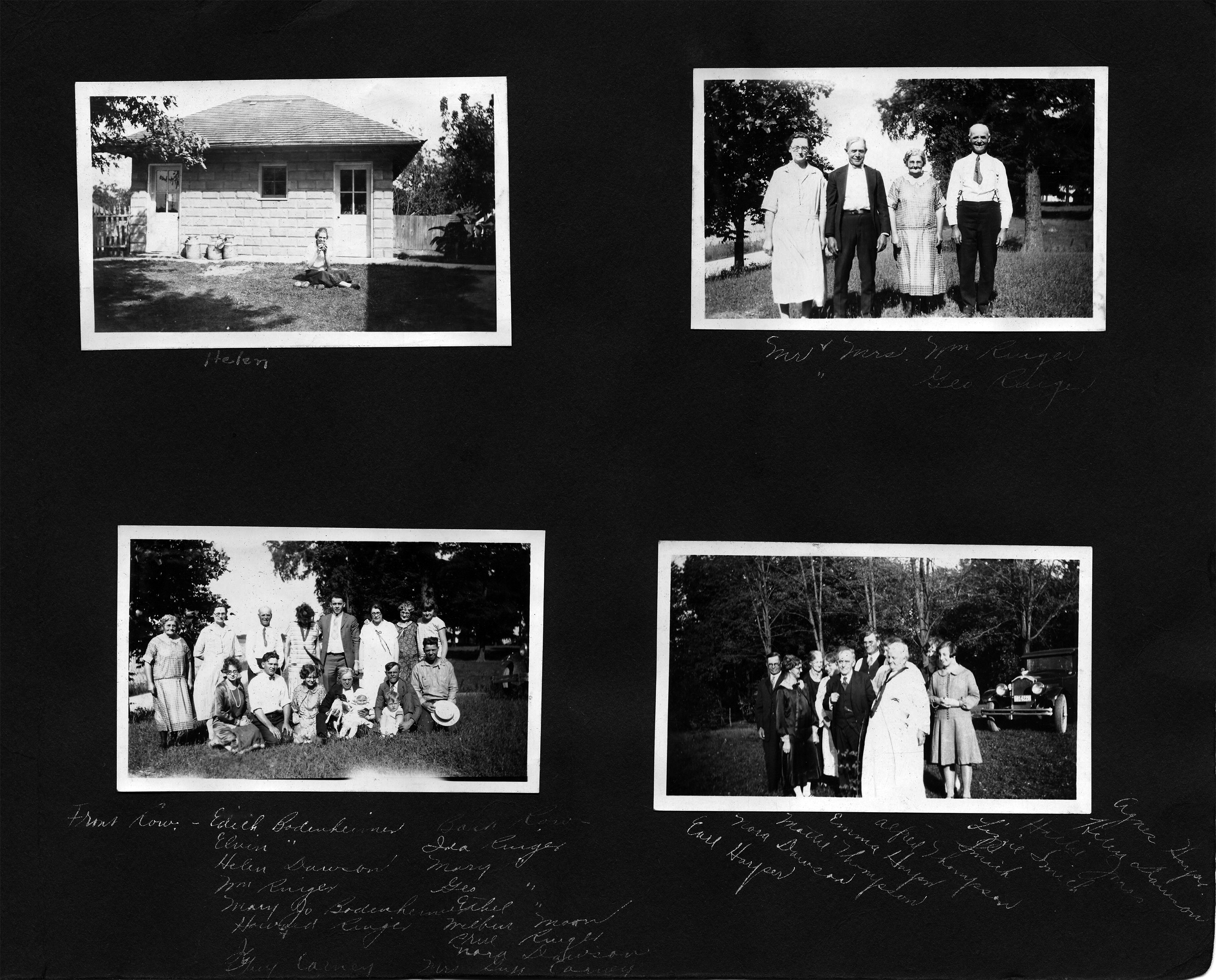 Helen at garage at 8815 Haverstick / Mr. + Mrs. Wm Ringer, Mr. + Mrs. Geo Ringer / Front row: Edith Bodenheimer, Elvin Bodenheimer, Helen Dawson, Wm Ringer, Mary Jo Bodenheimer, Howard Ringer, Guy Carney. Back row: Ida Ringer, Mary Ringer, Geo Ringer, Ethel Ringer, Wilbur Moon, Prue(?) Ringer, Nora Dawson, Mrs. Guy Carney / Earl Harper, Nora Dawson, Mattie Thompson, Emma Harper, Alfred Thompson, ___ Smith, Lizzie Smith, Hattie Jones, Helen Dawson, Agnes Hayes