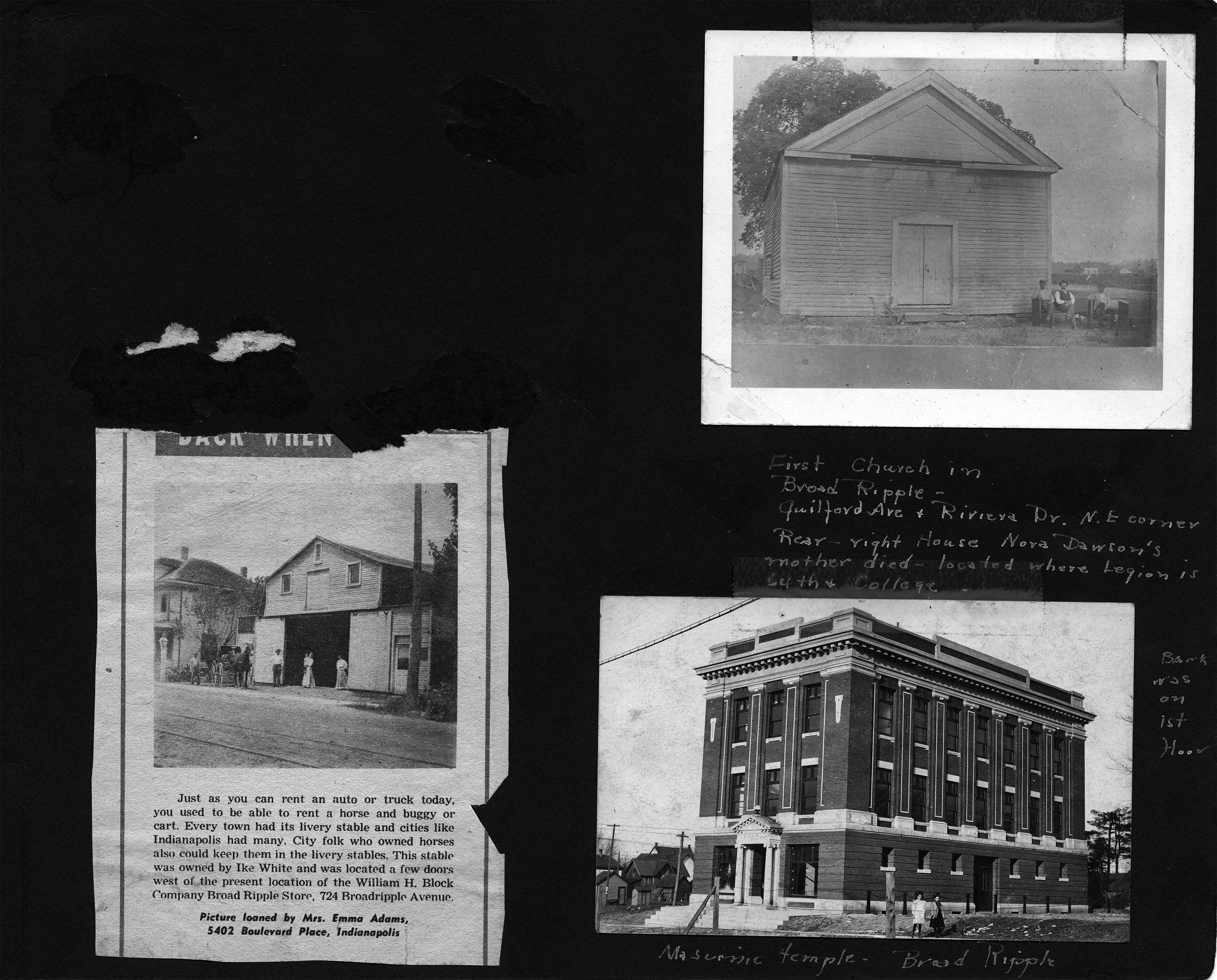 First church in Broad Ripple - Guilford Ave + Riviera Dr. N.E. corner (back: across from Lobraico's) - Rear-Right house Nora Dawson's mother died - located where Legion is 64th + College. / (livery at 724 Broad Ripple Avenue) / postcard - Masonic Temple - Broad Ripple - Bank was on 1st floor