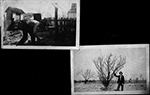 (stacking wood at farm. Standing by tree)