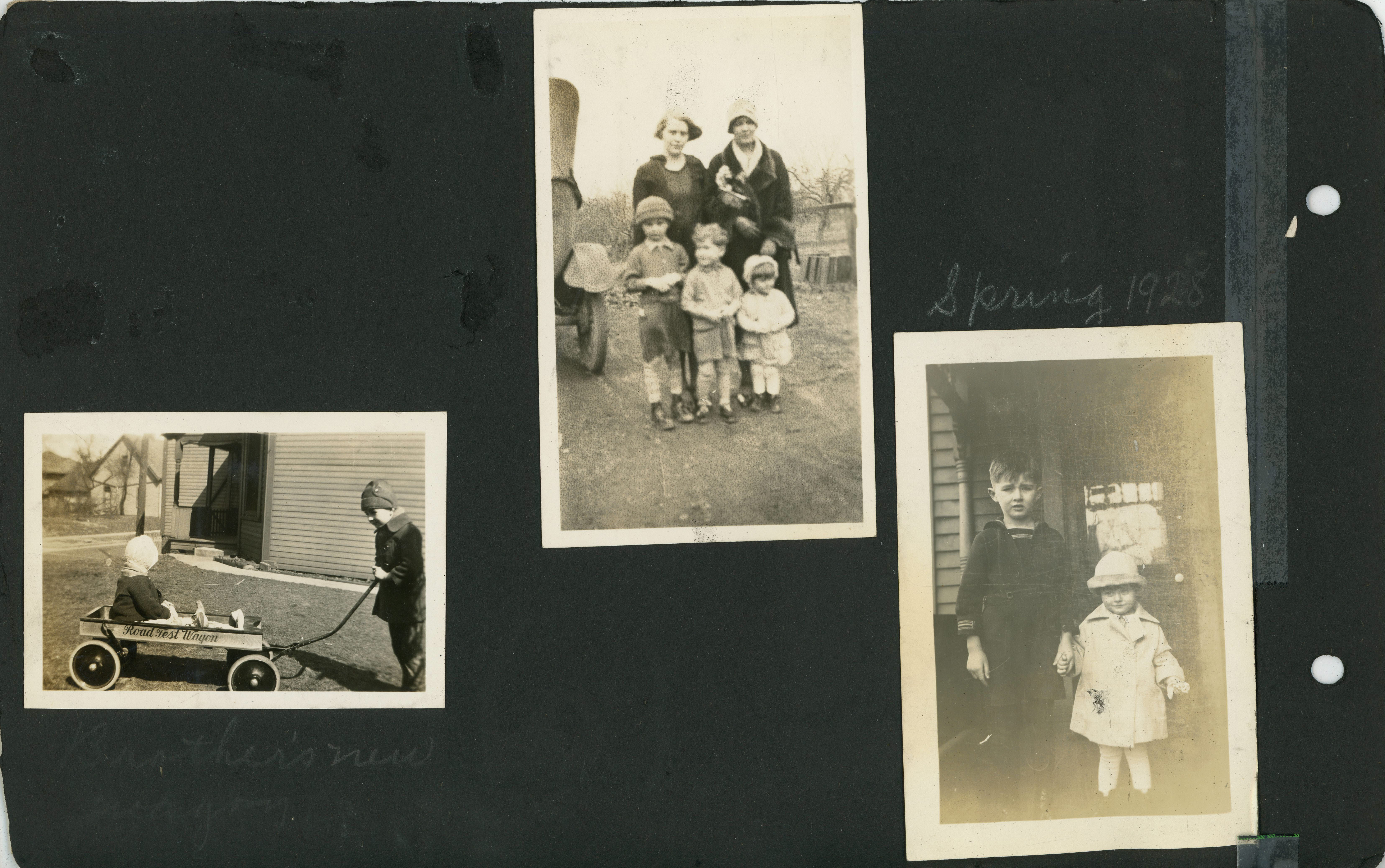 Brother's new wagon - Road Test Wagon. Aunt Agnes and Ruby with the Letsinger grandchildren at the farm, Warren, Arthur Clinton Letsinger?, Rosemary. Spring 1928. 