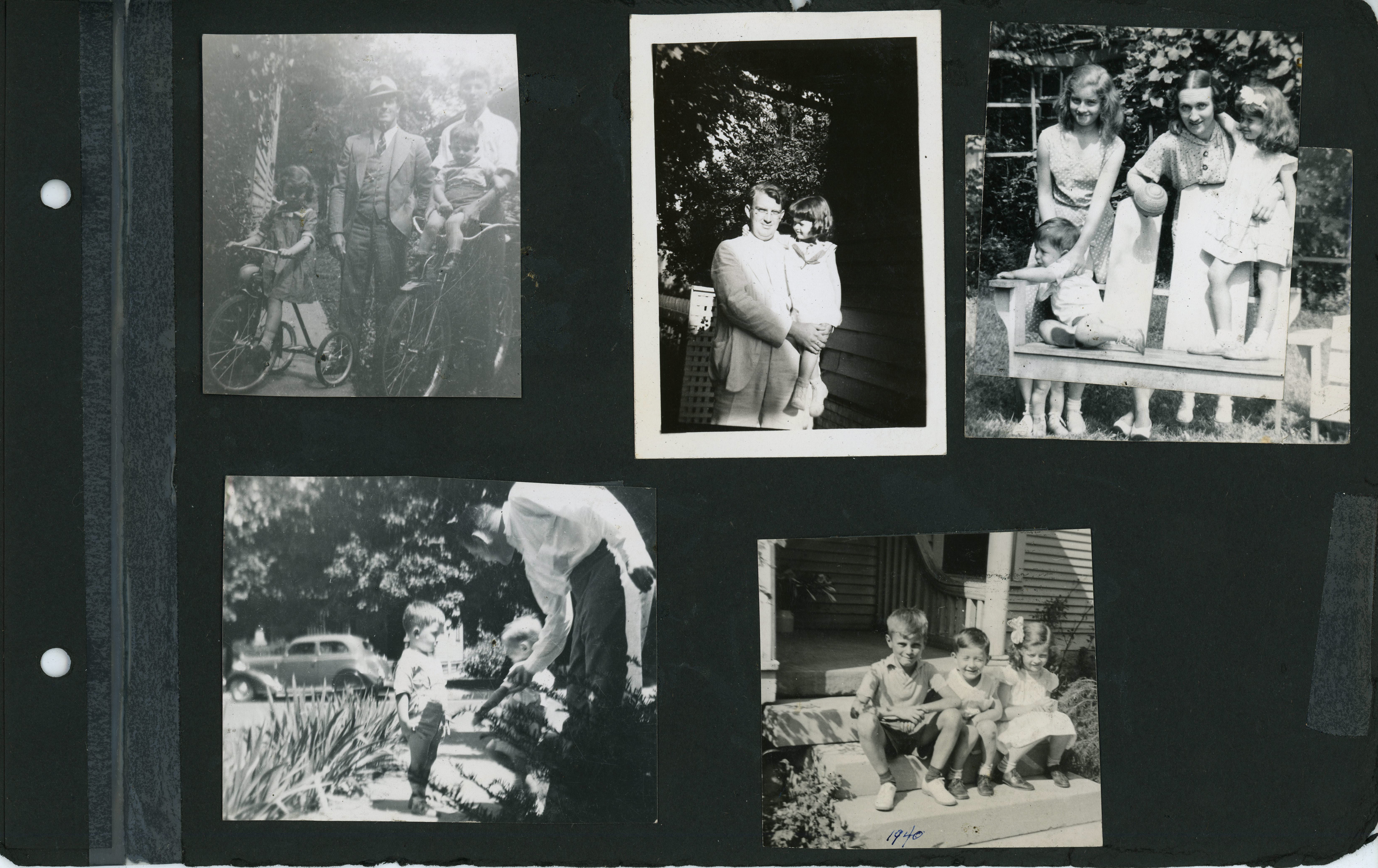 upper left - Helen, Warren, Bud, David. upper right - Rosemary, June Weir, David, Helen. lower left says David on back.  Lower right - Jerry Knight, David, Helen - 1940