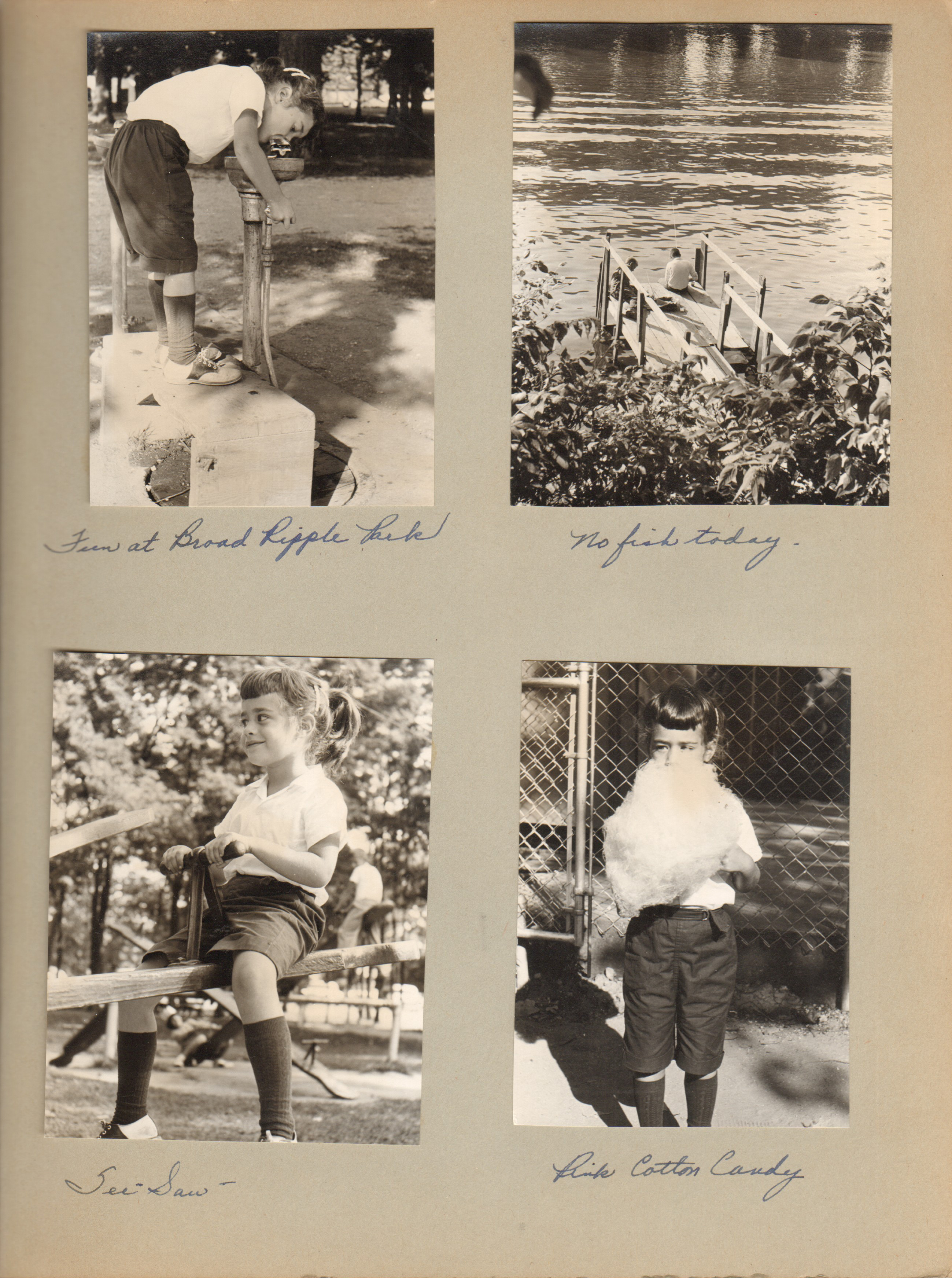 Susan Broad Ripple Park drinking fountain, fishing pier, see saw. Cotton candy.