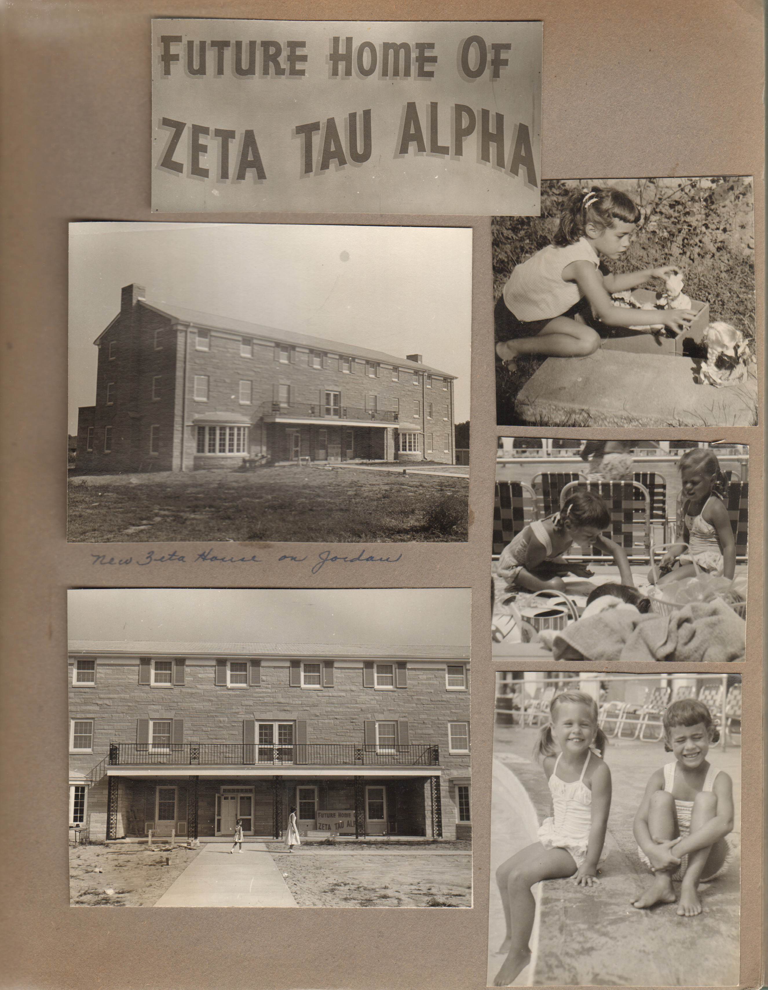 Future home of Zeta Tau Alpha. New Zeta house on Jordan. Susan outside with box of dolls. Riviera Club