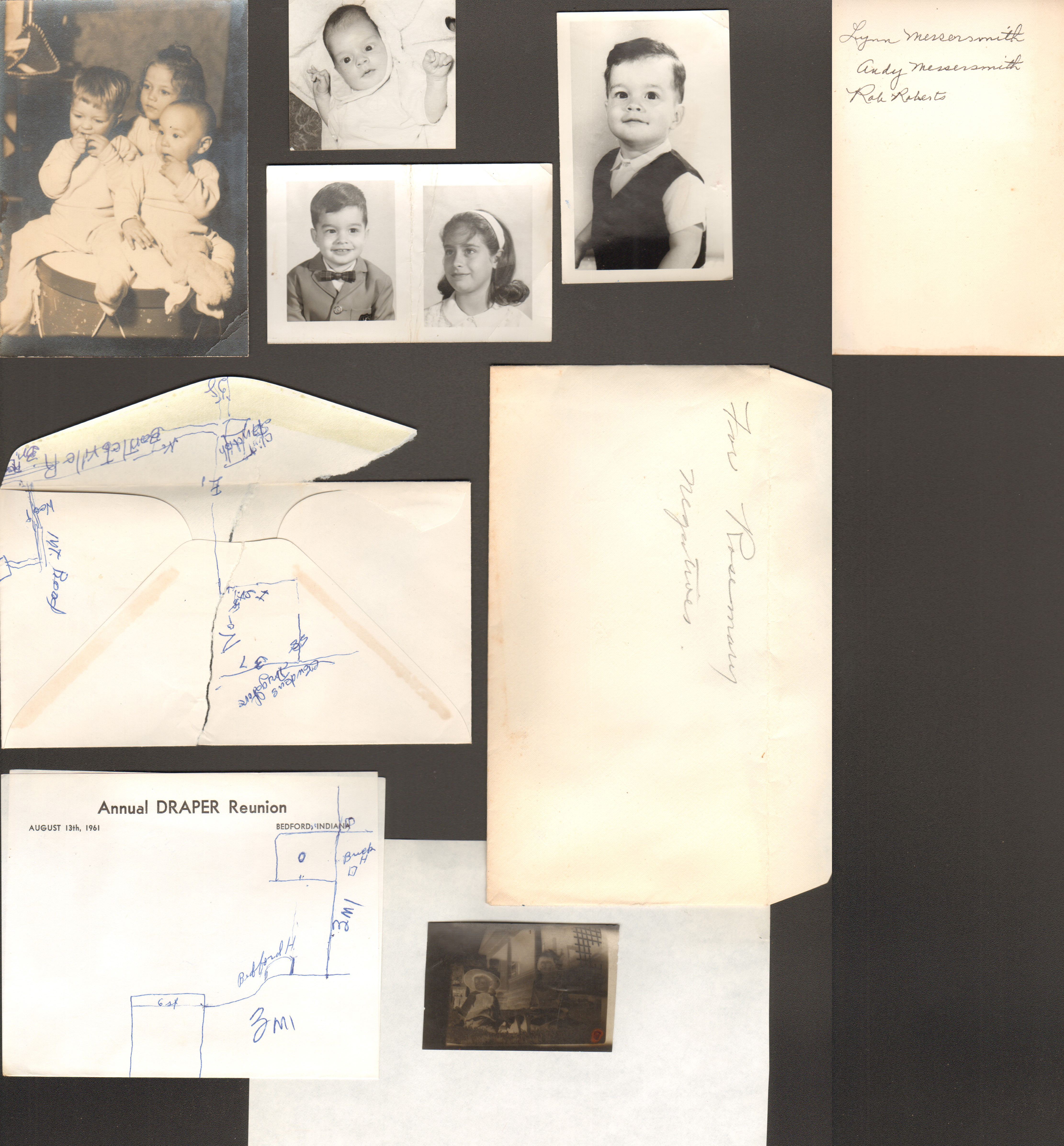 loose pictures - old photo of Lynn and Andy Messersmith and Rob Roberts as kids sitting on a drum. Alan and Susan portraits. Draper Reunion notes - hand-drawn map - Crowden's Drugstore. Negative.
