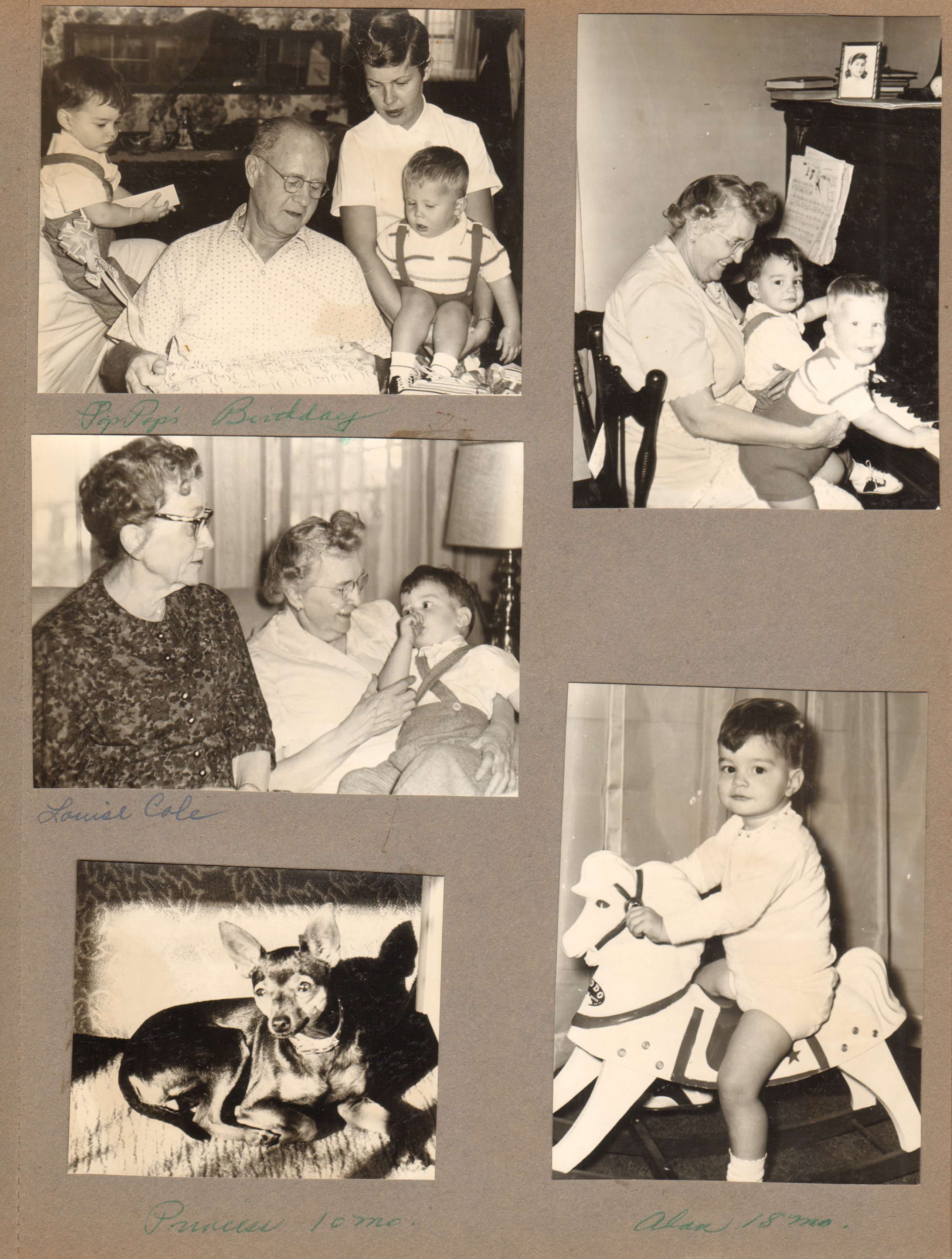 At 3845 Capitol - Alan. Curt, Betty, Ronnie in dining room - birthday. Louise Cole, Vonnie, Alan. Vonnie, Alan, Ronnie at piano. Princess 10 moths. Alan on rocking horse.