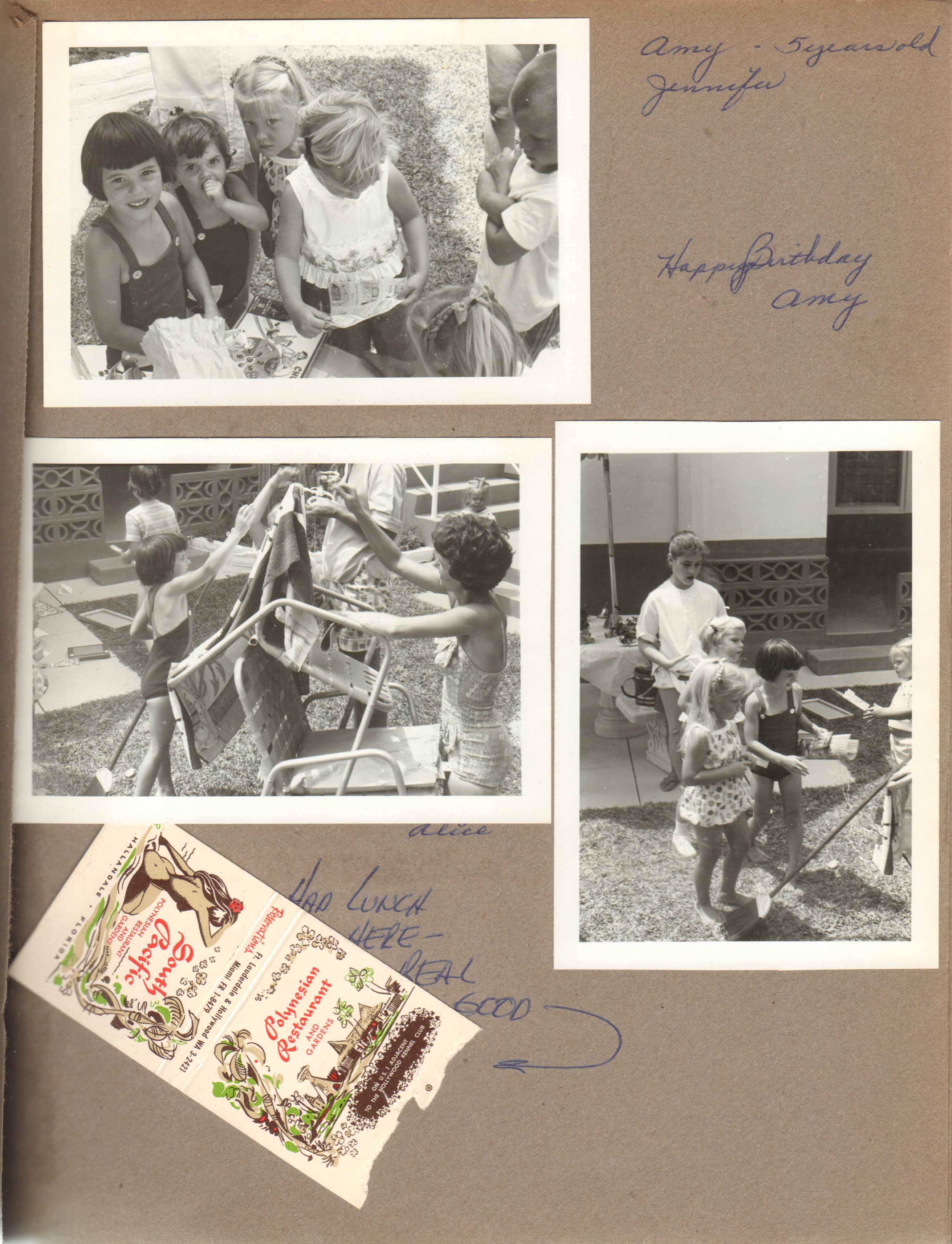 Hollywood Beach Neptune Apartments - Amy - 5 years old, Jennifer. Alice. Susan. Had lunch at South Pacific - Hallandale - matchbook