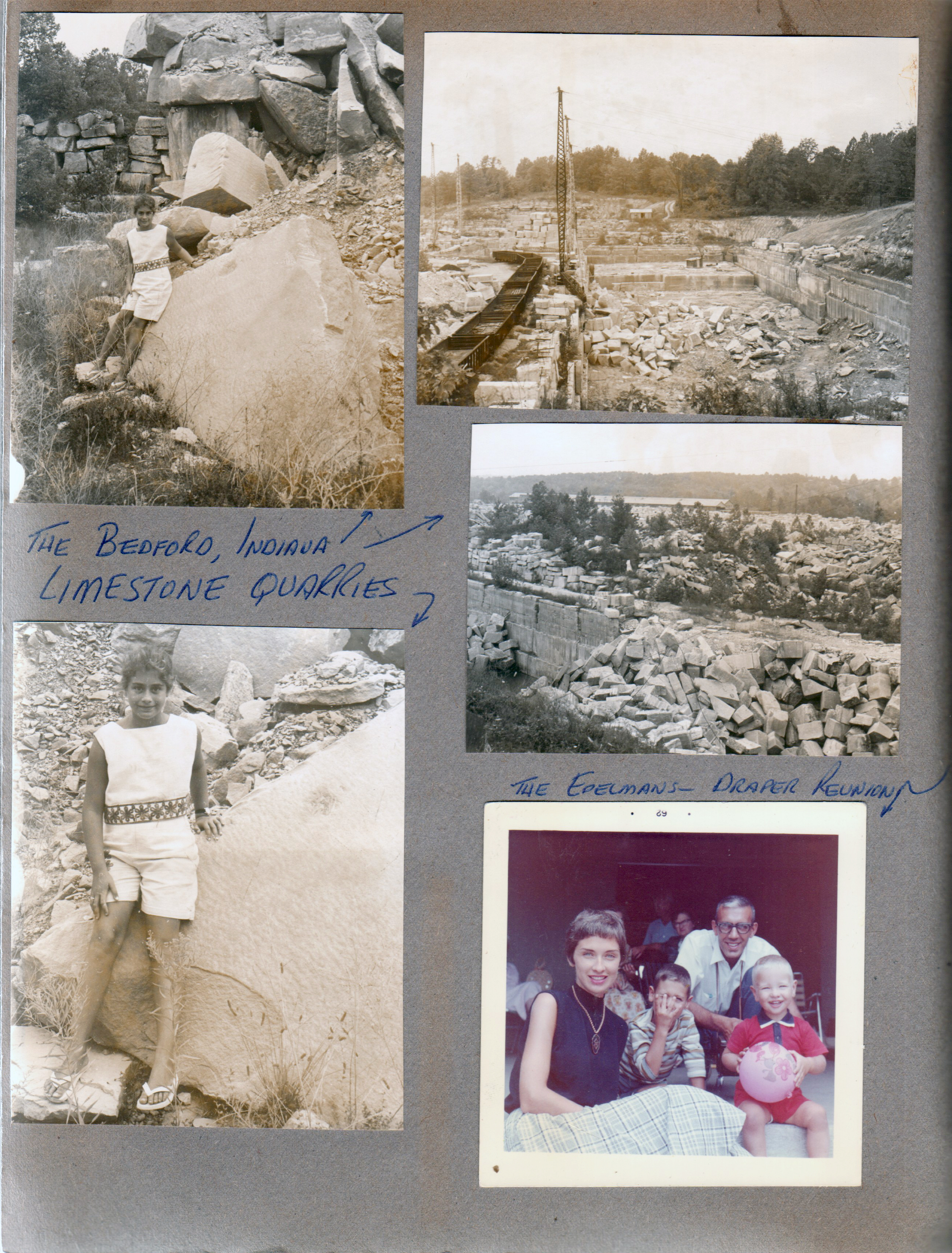 Bedford, Indiana limestone quarries. Susan. Draper Reunion in Bedford - Eleanor, Bruce, Bob and Brian Edelman.