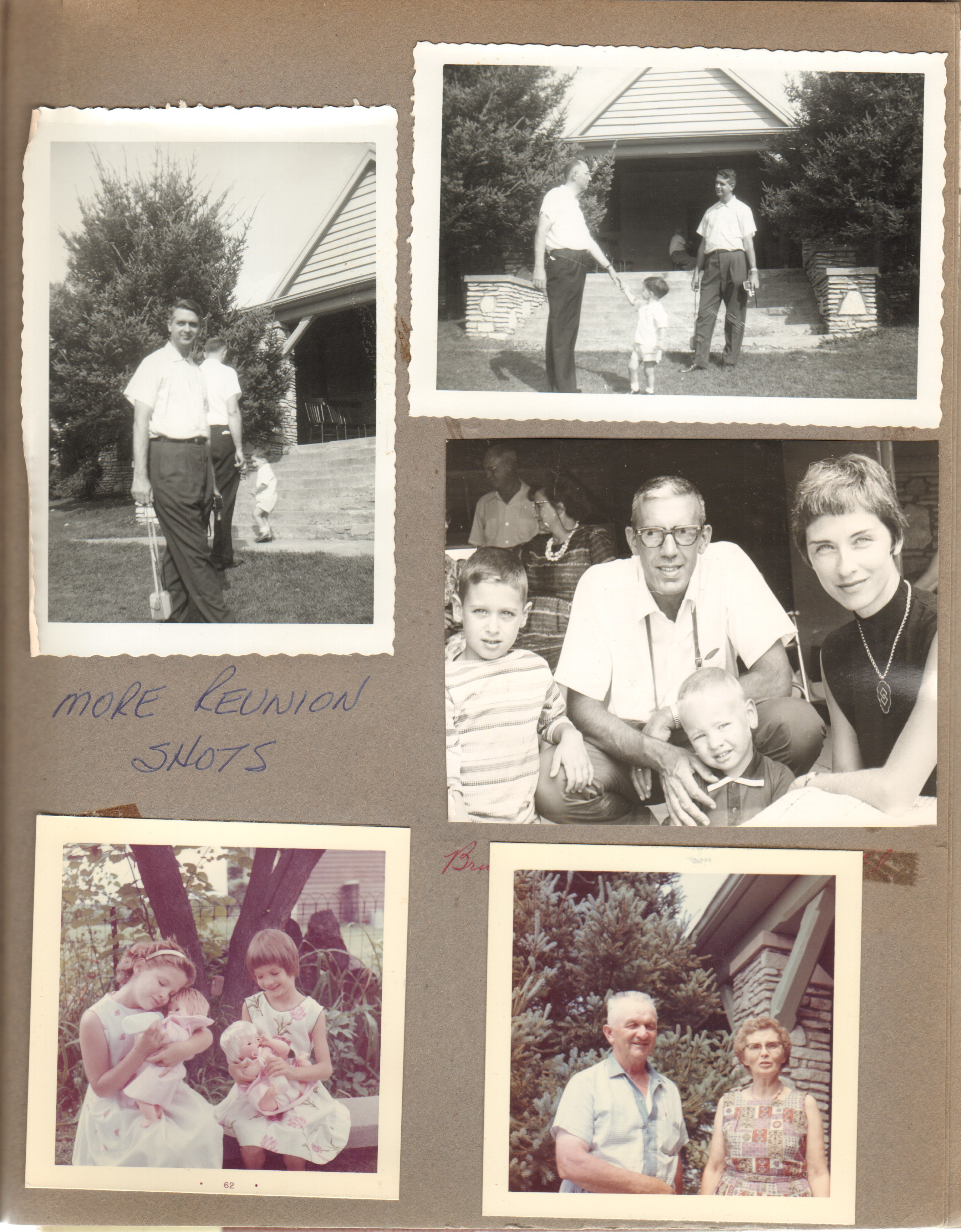 Draper Reunion in Bedford - John, Warren, Alan. Bruce, Bob, Brian, Eleanor Edelman. Lou Ann and Jayne Snodgass at home with dolls. Arthur and Doris Smith.