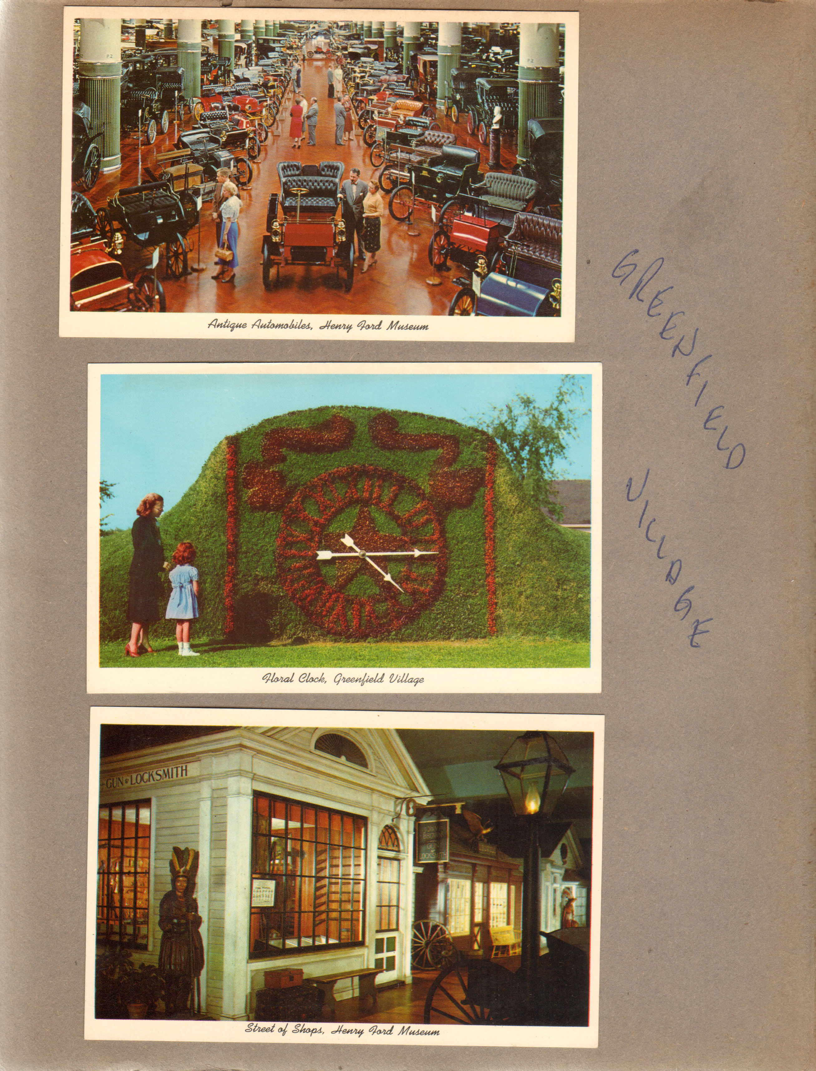 Greenfield Village - Detroit, MI - postcards - antique automobiles, floral clock, street of shops