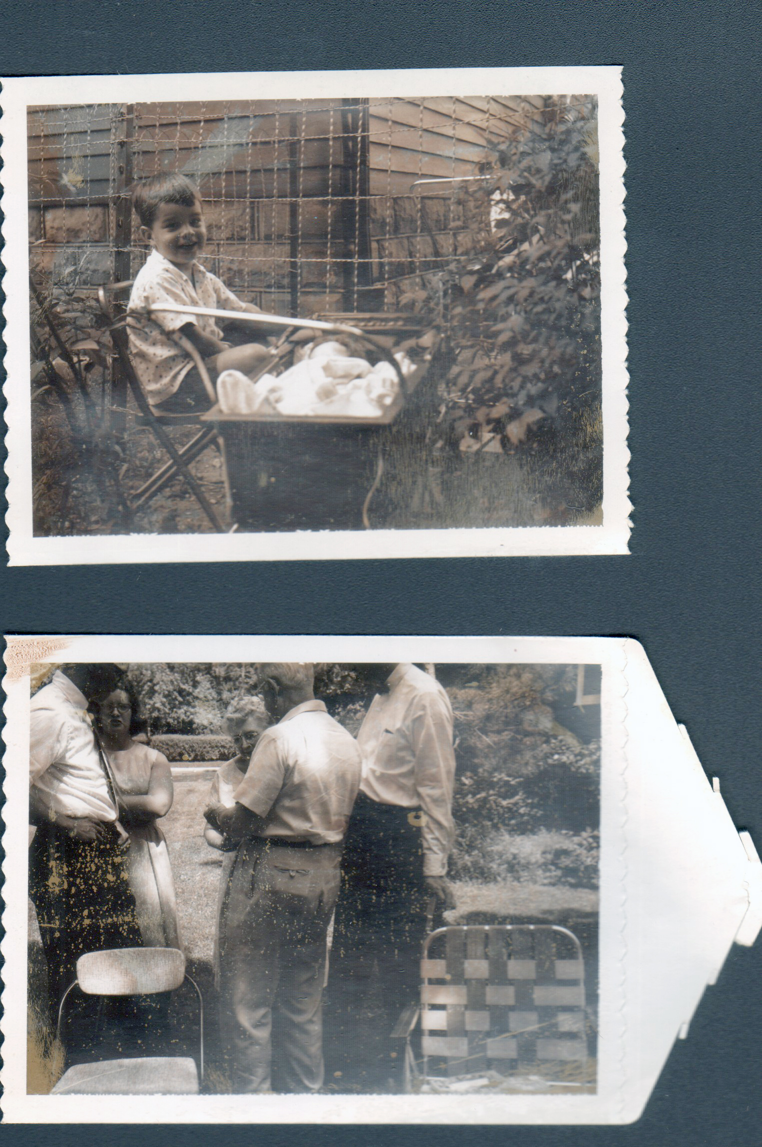 Polaroids - Alan by neighbor's fence with baby carriage. Bill, Helen, Vonnie, Curt and Warren in yard.