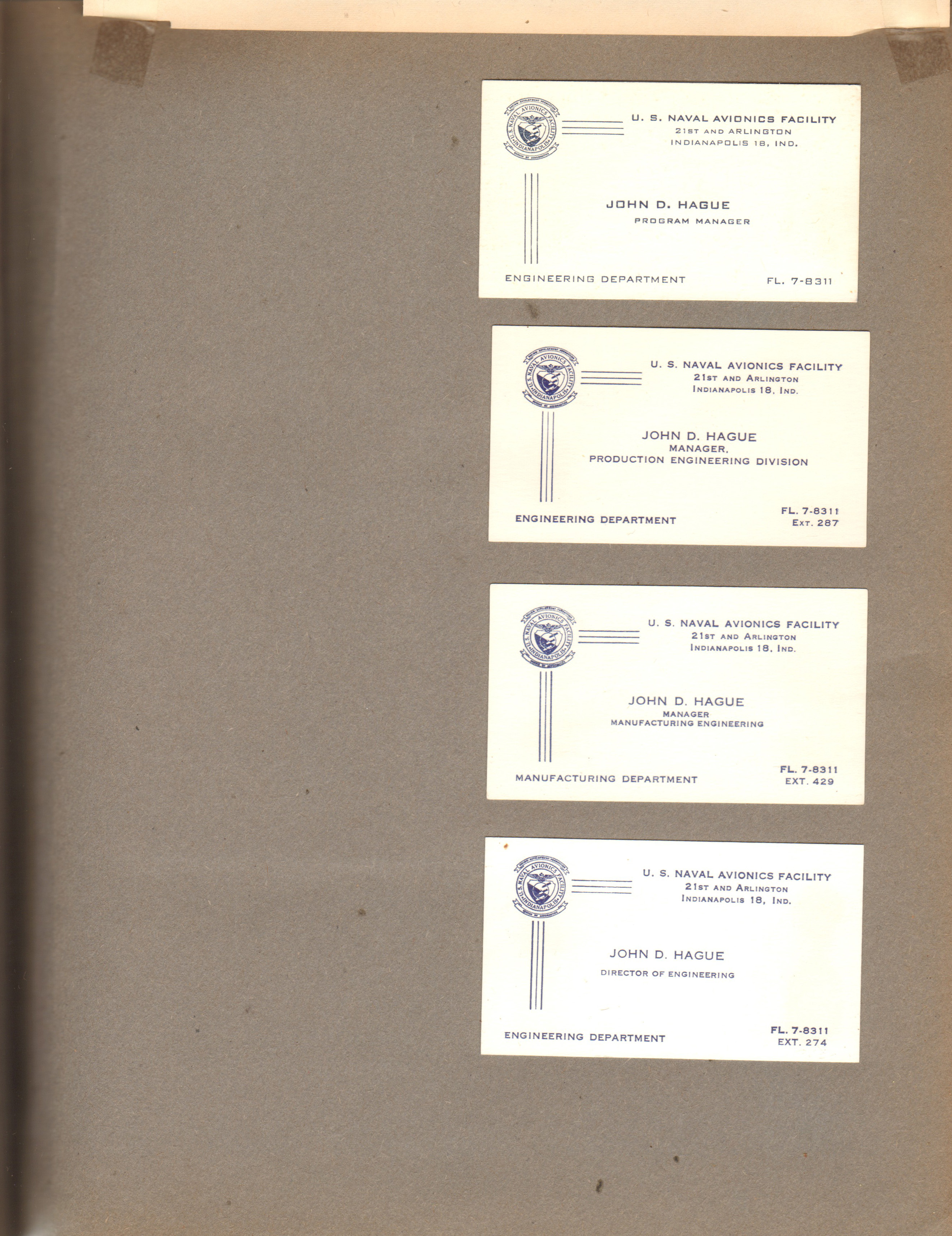 John D Hague NAFI business cards