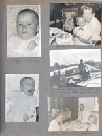 Kenny 2 1/2 mo. Happy Birthday Ronnie - Betty. Theodore Letsinger and Bonnie Barrick saw Barbara, Keith, Patty and Mike (?) arrive at the airport. Mary, Bob Letsinger, John Hague, Joanne Letsinger at dinner table.