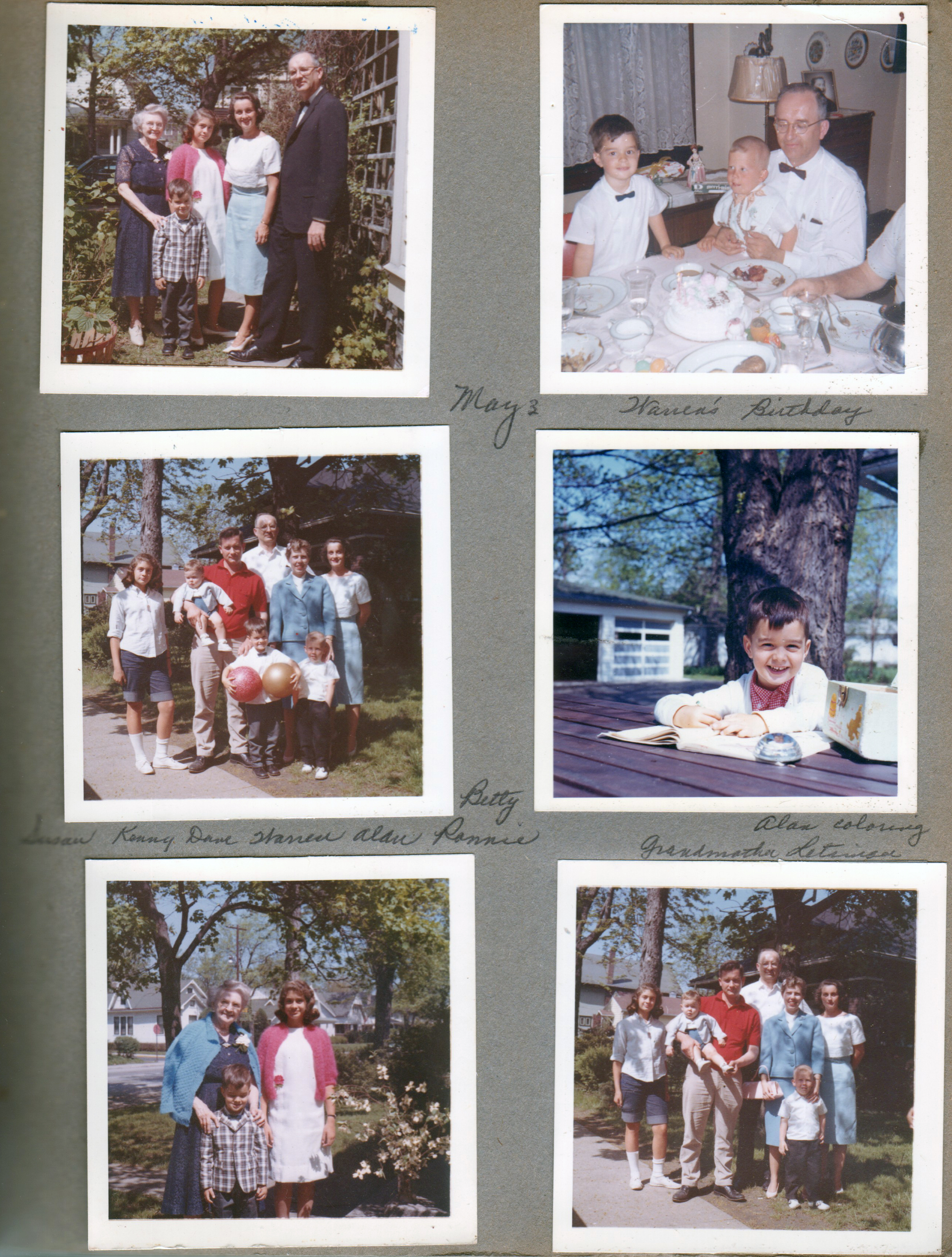May 3 1964 - Warren's birthday - 3845 Capitol - Vonnie, Alan, Susan, Rosemary, Warren. Alan, Ronnie, Warren in dining room. 6122 yard - Susan, Kenny, Dave, Alan, Warren, Betty, Ronnie, Rosemary. Alan coloring on picnic table. Vonnie, Alan, Susan. 