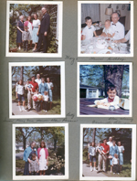 May 3 1964 - Warren's birthday - 3845 Capitol - Vonnie, Alan, Susan, Rosemary, Warren. Alan, Ronnie, Warren in dining room. 6122 yard - Susan, Kenny, Dave, Alan, Warren, Betty, Ronnie, Rosemary. Alan coloring on picnic table. Vonnie, Alan, Susan. 