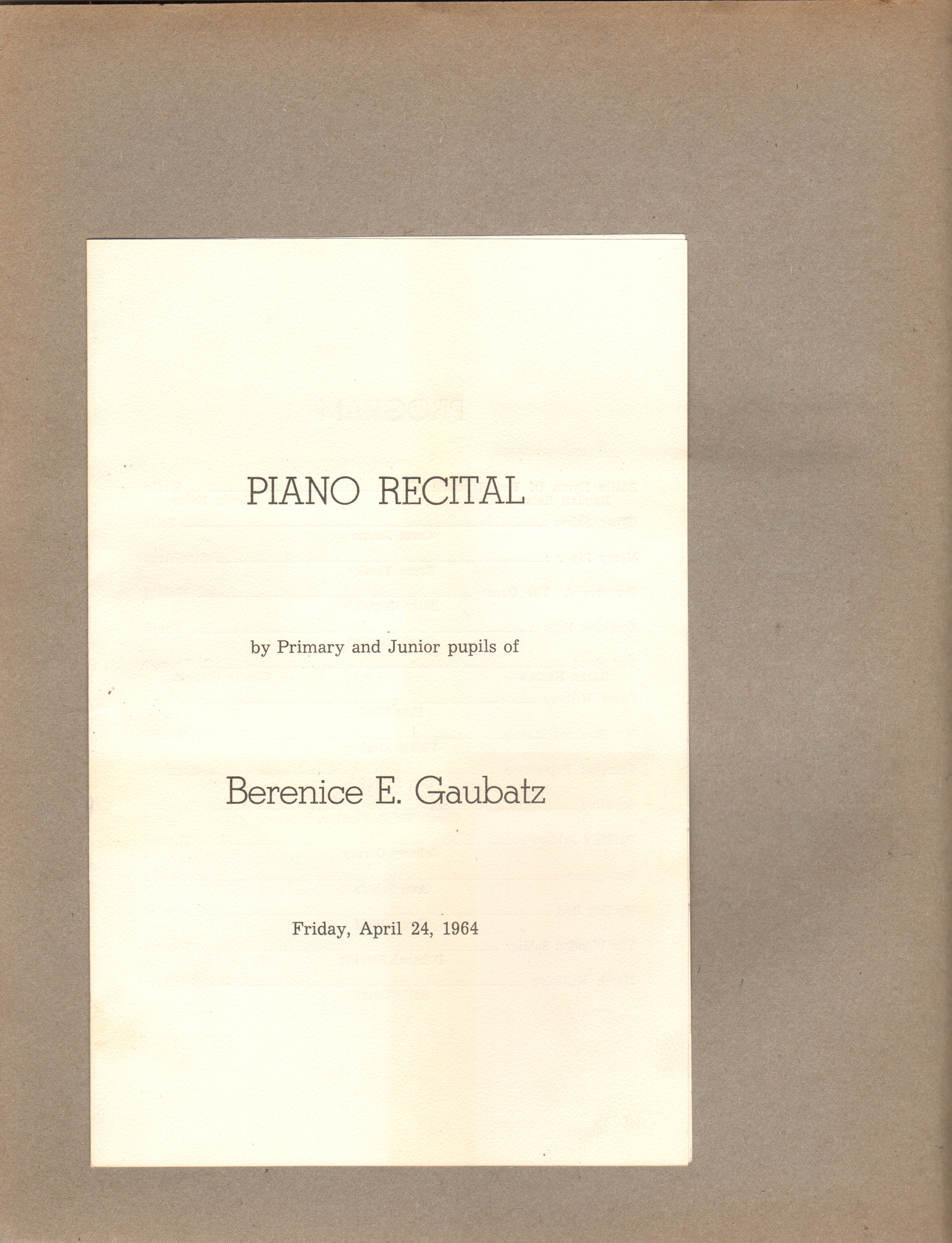 piano recital program - Berenice E Gaubatz - 