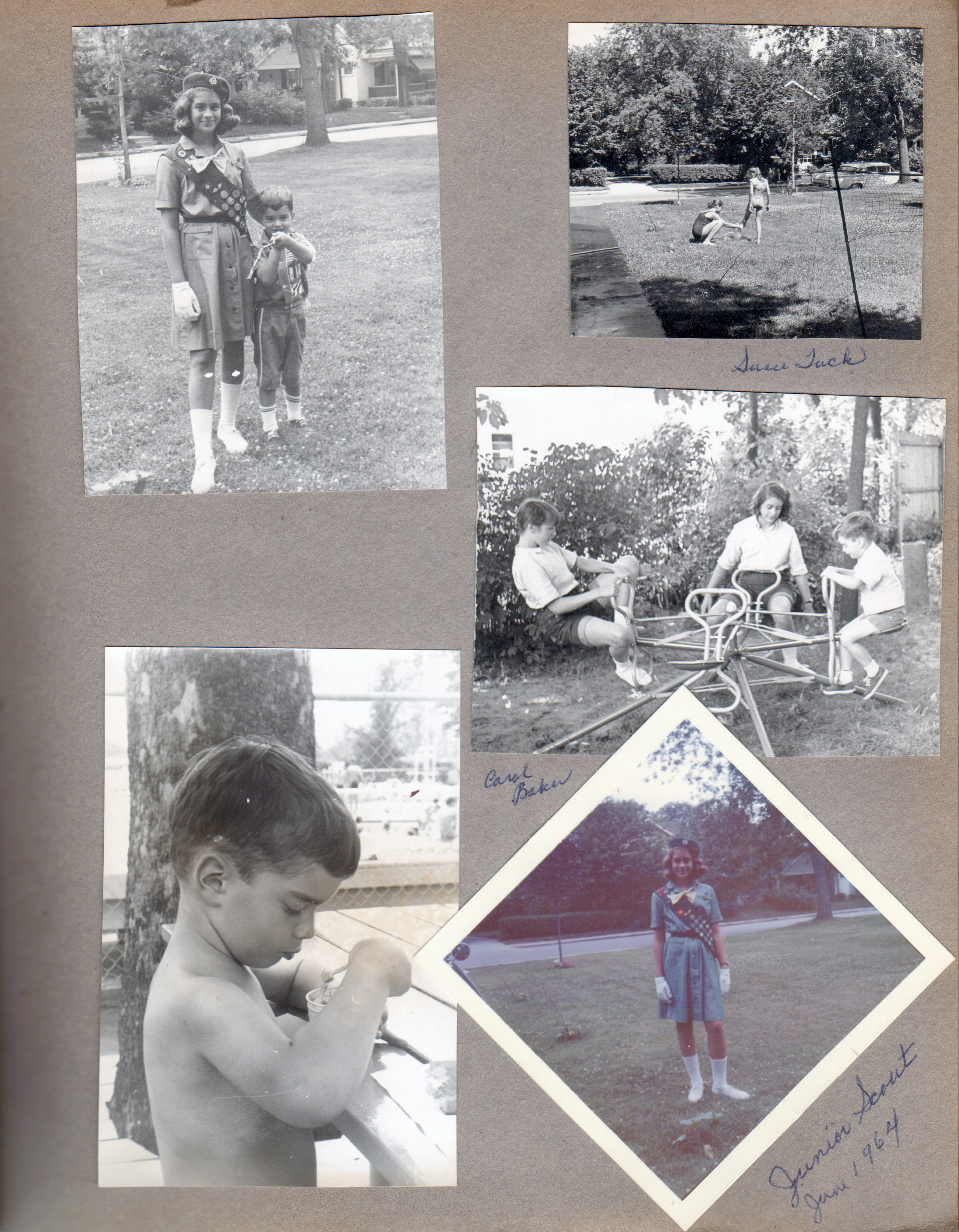 Susan in uniform in yard - Alan. Susie Tuck and Susan in yard. Alan at Riviera Club. Carol Baker, Susan and Alan on 6122 merry-go-round. Susan - Junior Scout - in yard