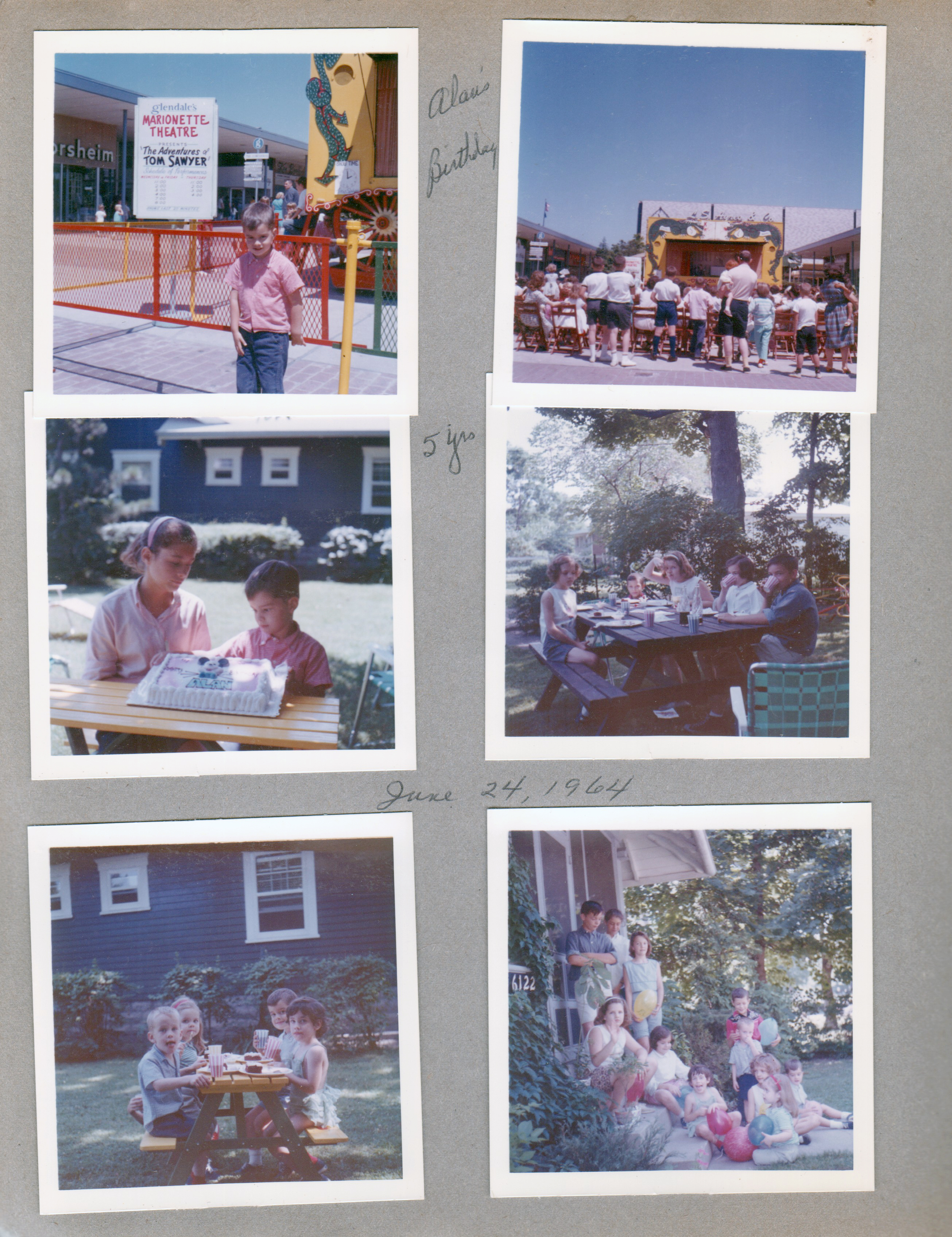 Alan at Glendale Mall on birthday - Marionette Theatre - Tom Sawyer. Susan and Alan picnic table with cake.  Joey Lobraico, girl, Alan, Mary Lobraico eating cake at tiny picnic table. 6122 steps - Richy and Beth Ann Gootee (waving), Susan, Debbie and Di Di Smith, Mike Lobraico cowboy shirt, Joey Lobraico. Mary Lobraico red balloon. Lu Ann and Jayne Snodgrass, Alan.