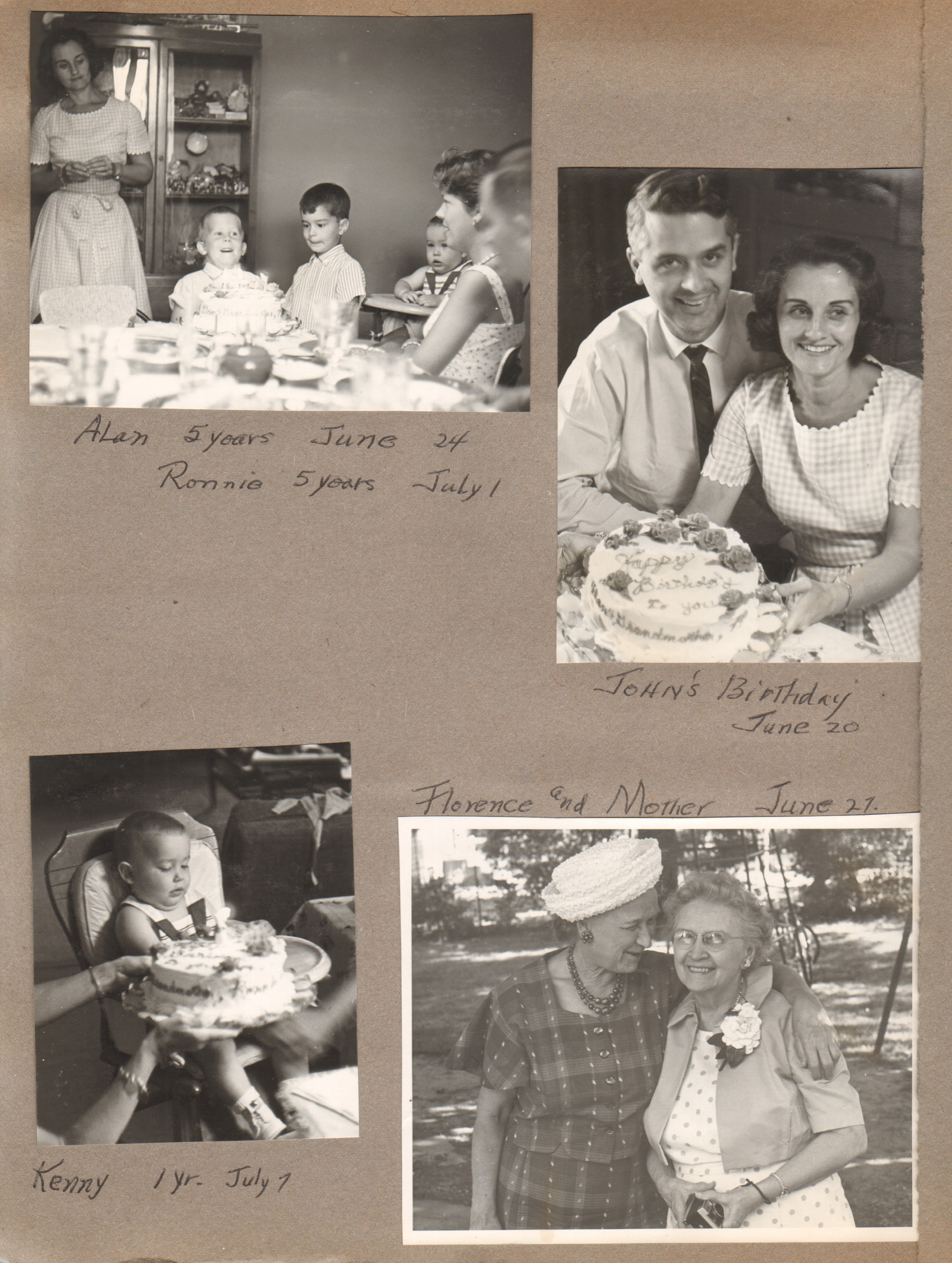 6122 dining room - Alan & Ronnie 5th birthday - Rosemary, Ronnie, Alan Kenny, Betty, Dave. John's birthday with Rosemary and cake. Kenny with cake. Florence and Vonnie in yard.