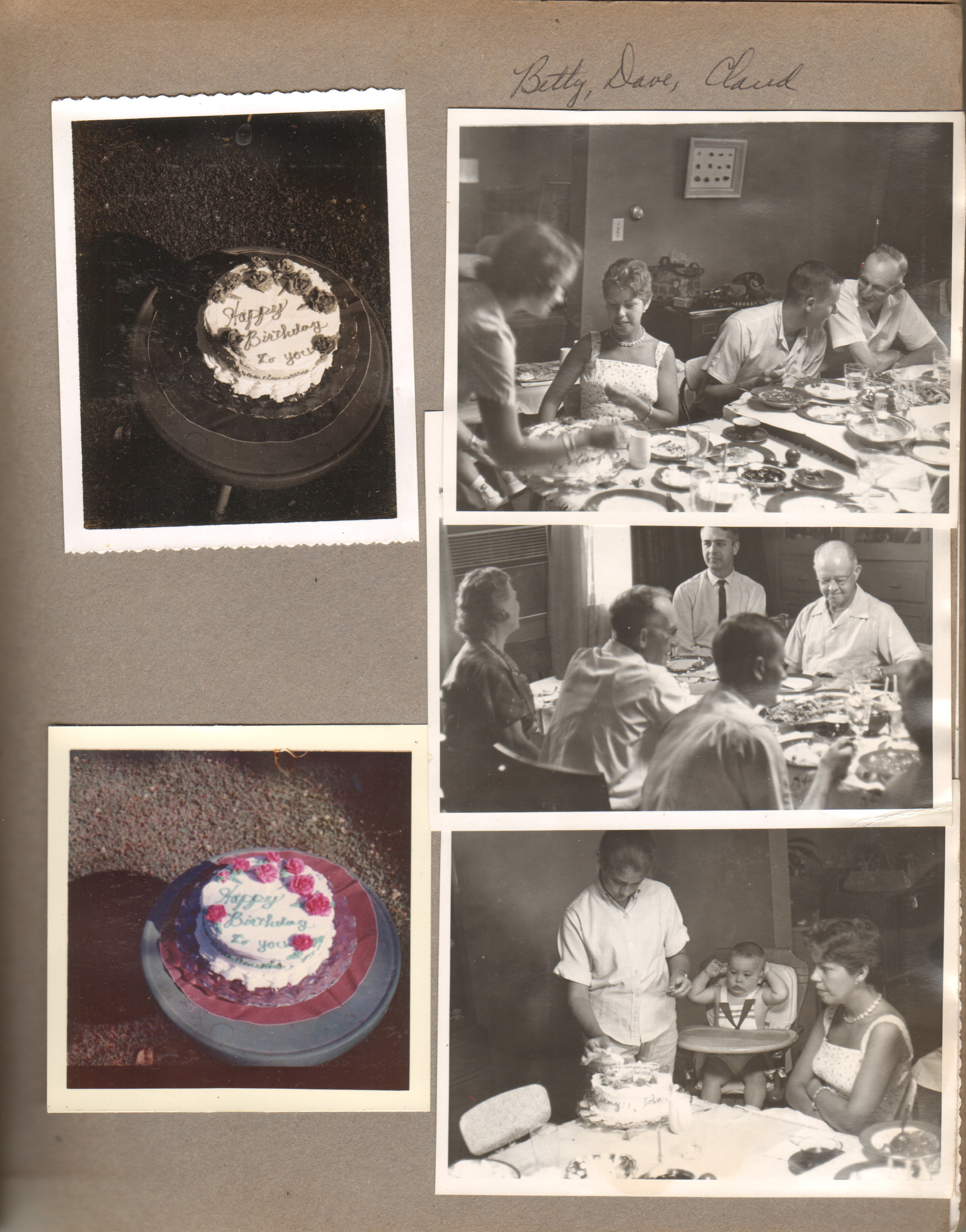Birthday cake. 6122 dining room - Rosemary, Betty, Dave, Claud.  Florence, Claud, John, Dave, Curt.  Susan, Kenny, Betty.