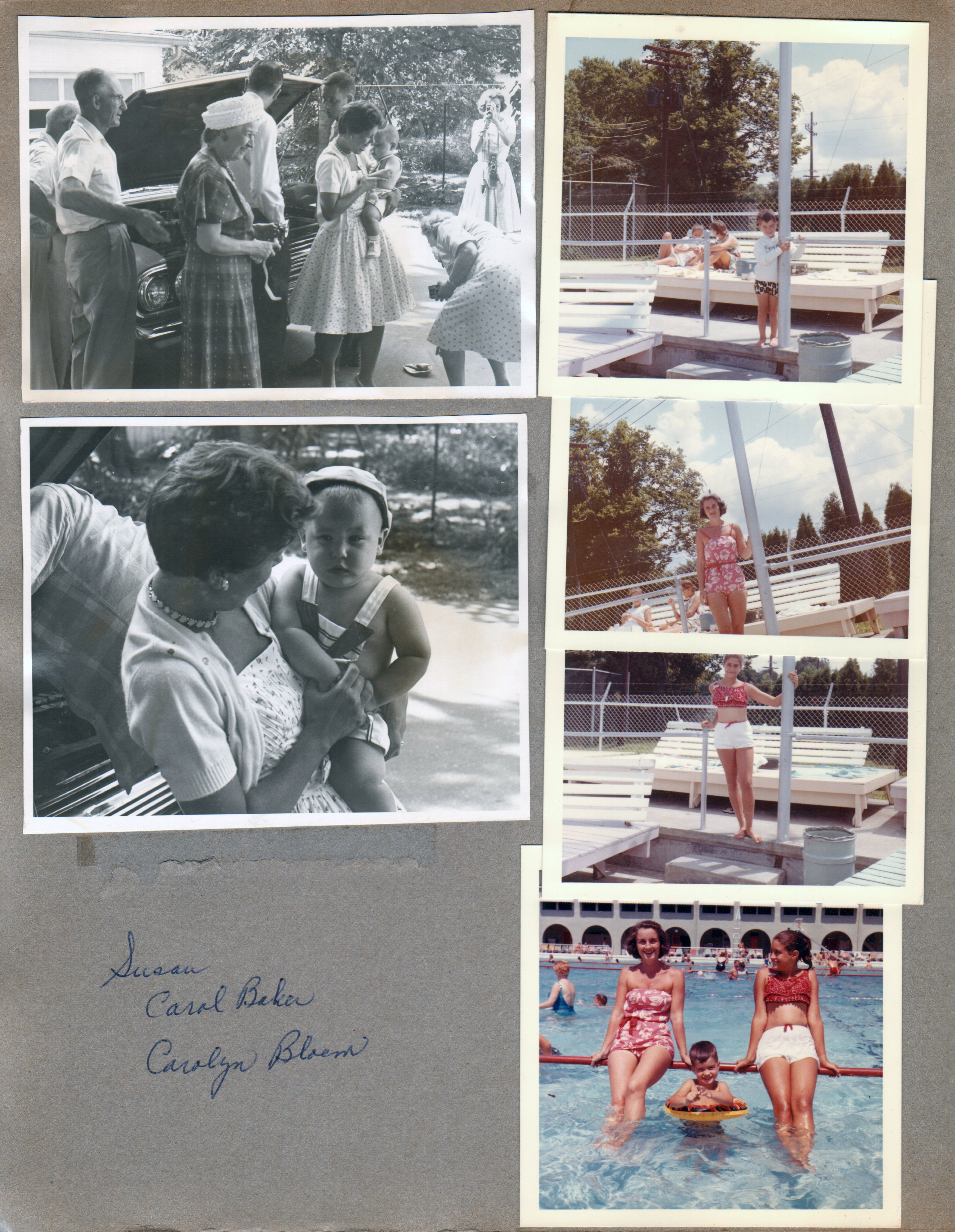 6122 by car at garage - Curt, Claud, Florence, John, Dave, Betty, Vonnie, Rosemary (using Bolex 8mm movie camera, 120mm Rolleiflex around neck). Betty and Kenny. Alan at Riviera Club. Rosemary and Susan. All three in pool.