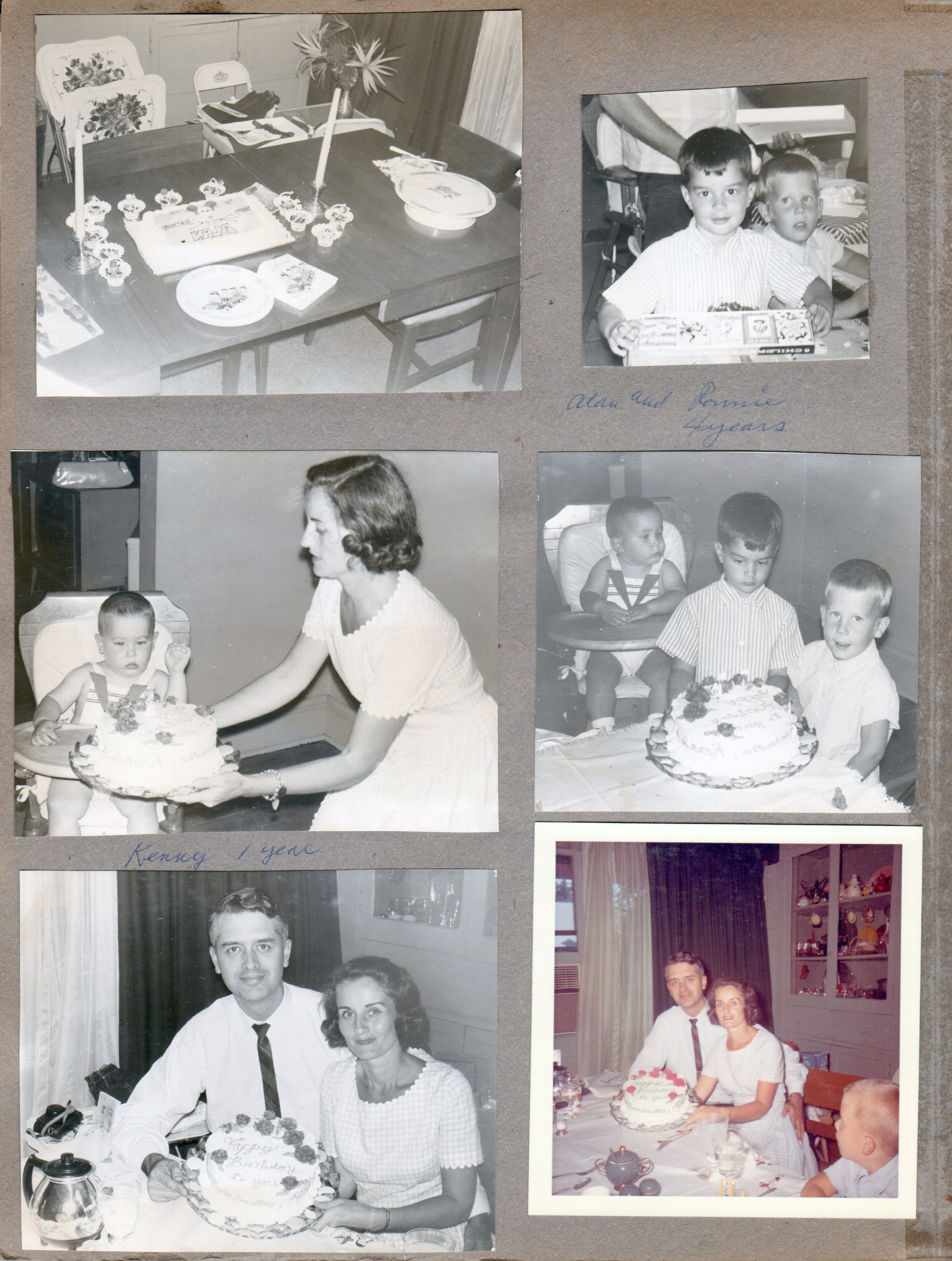 6122 dining room set for party. Alan and Ronnie. Rosemary showing cake to Kenny. John and Rosemary with cake. (built-in china cabinet has glass doors)