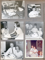 6122 dining room set for party. Alan and Ronnie. Rosemary showing cake to Kenny. John and Rosemary with cake. (built-in china cabinet has glass doors)