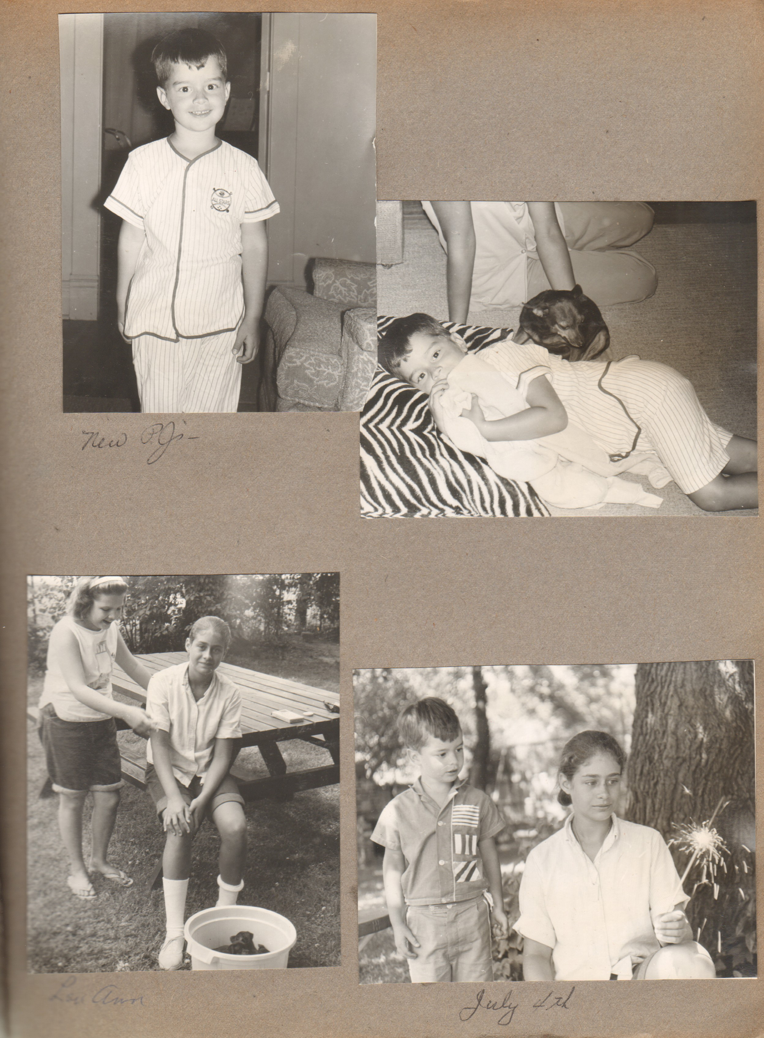 Alan new PJs. Alan on zebra pillow with dog. Yard - Lou Ann Snodgrass and Susan with bucket-o-puppies. Alan and Susan with sparkler.