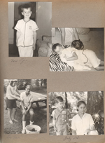 Alan new PJs. Alan on zebra pillow with dog. Yard - Lou Ann Snodgrass and Susan with bucket-o-puppies. Alan and Susan with sparkler.