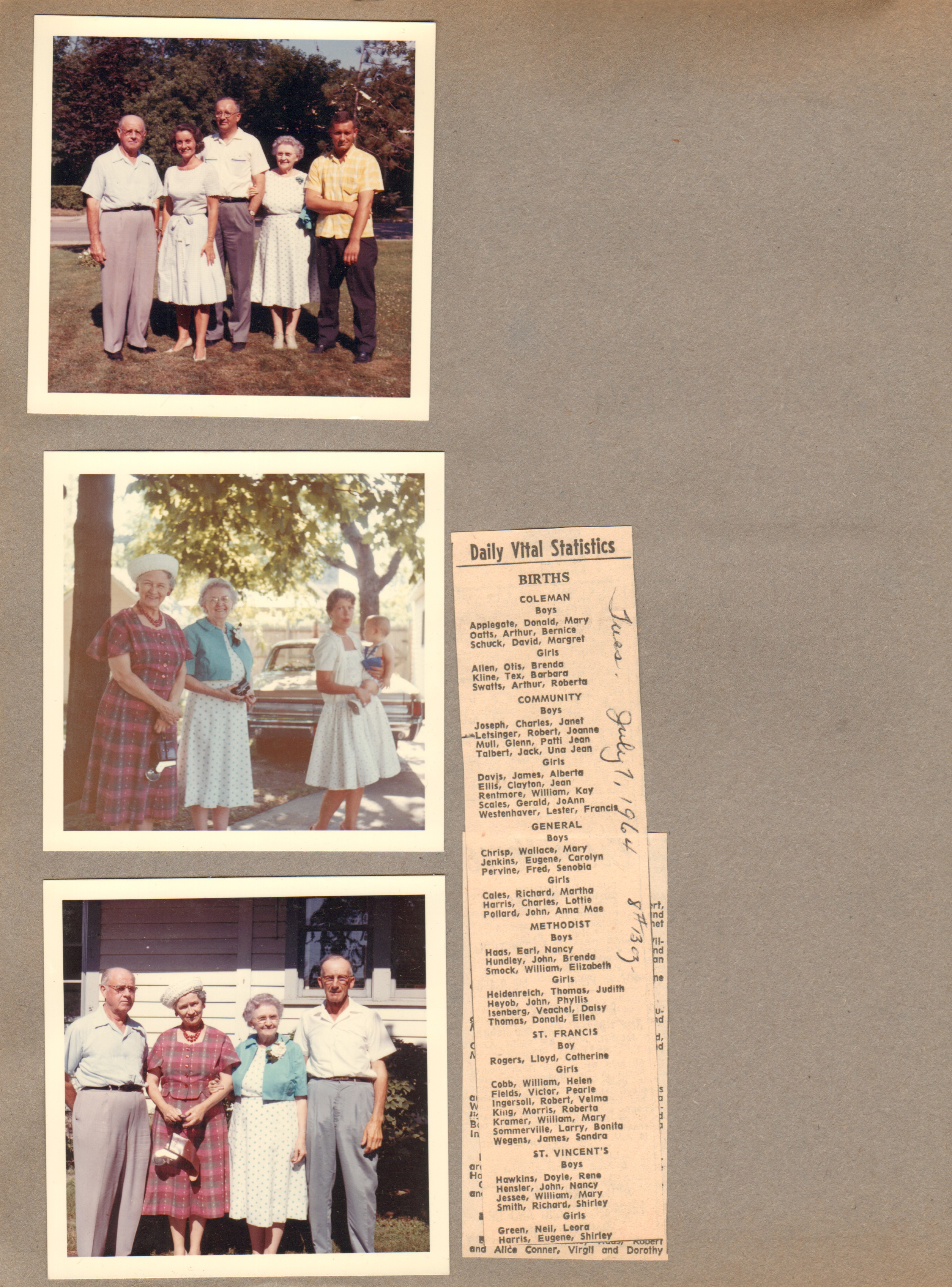 6122 yard - Curt, Rosemary, Warren, Vonnie, Dave. Florence, Vonnie, Betty, Kenny. Curt, Florence, Vonnie, Claud.  newspaper clipping Robert Letsinger baby.