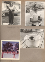 6122 south side of house and Cadillac in driveway - Rosemary with armful of pups. Susan with puppy. Puppy in laundry tub. Riviera Club kiddie pool.