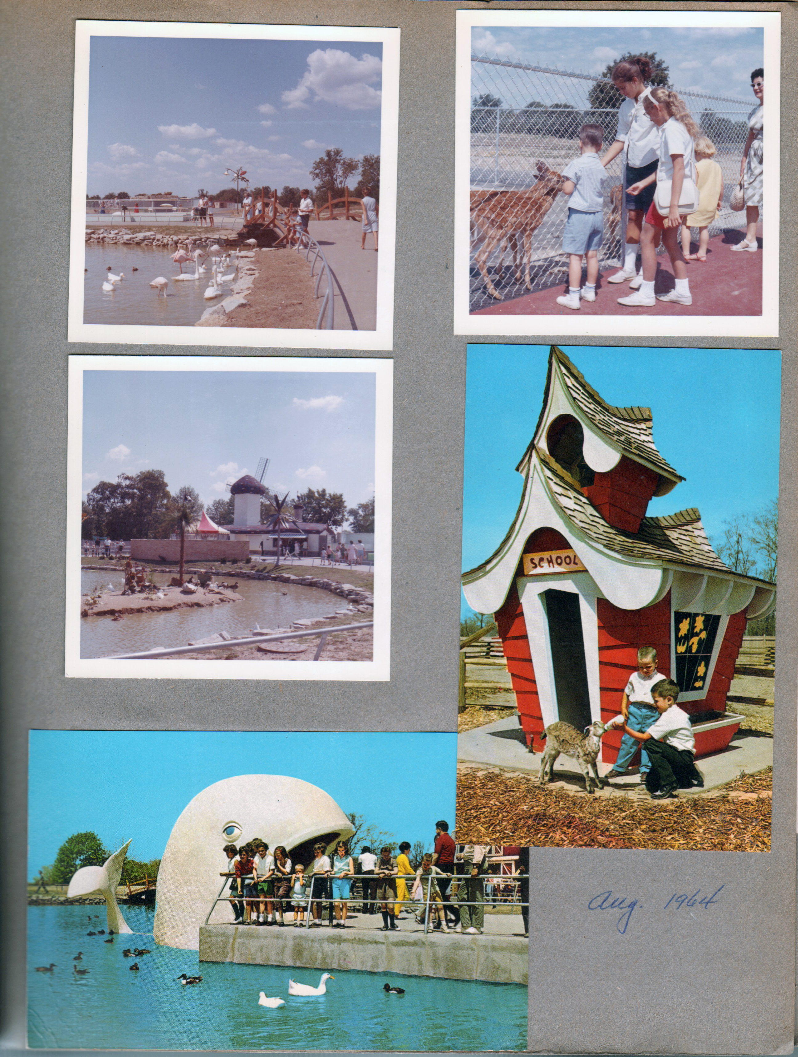 Indianapolis Children's Zoo - Susan and Alan at lake. Lake and windmill. Feeding deer. Postcard Z.1 4DK-911 - Jonah the Whale. Postcard Z.2 4DK-912 - This kids is too young to go to school.