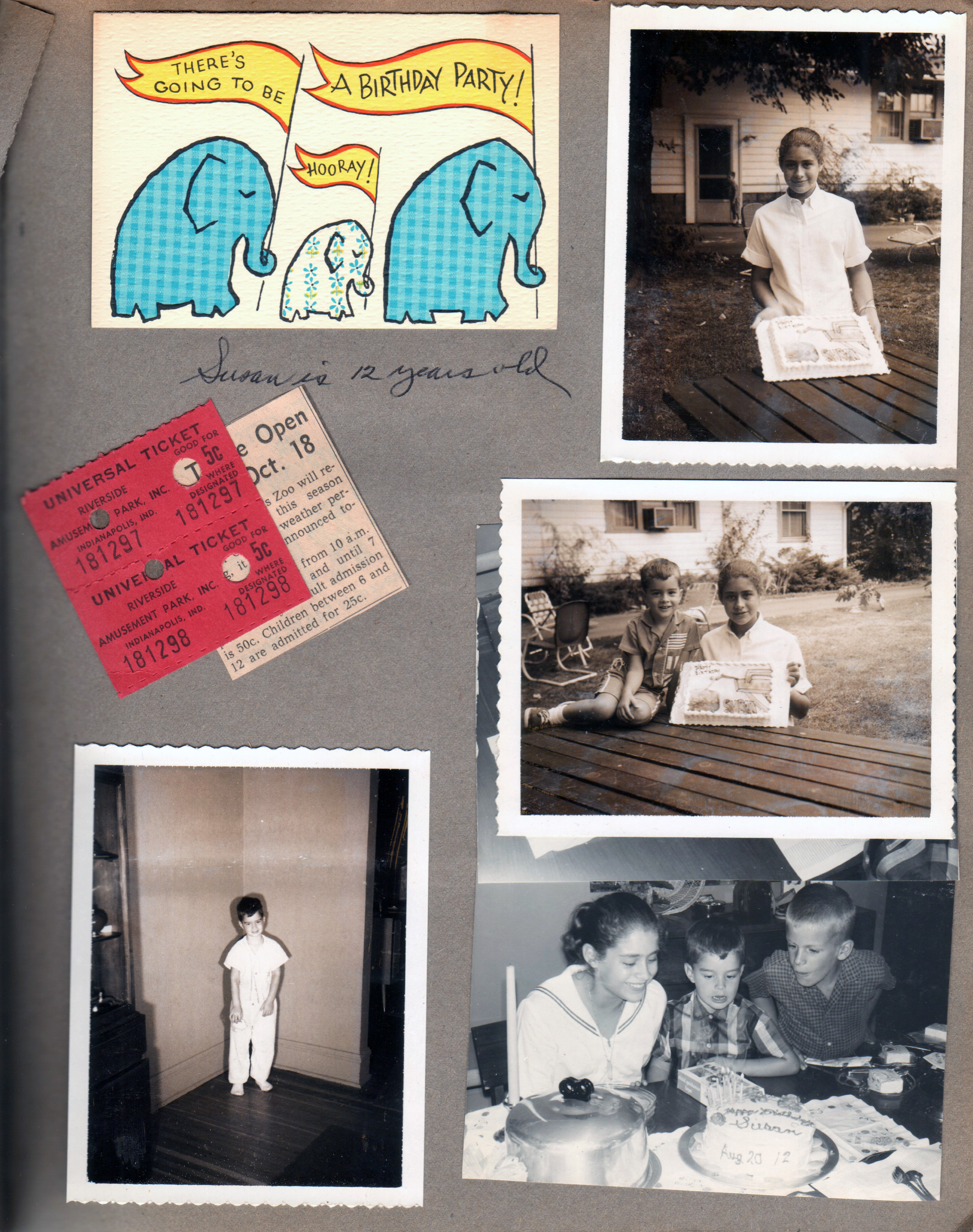 Susan's birthday invite. Riverside Amusement Park tickets. Susan and cake side yard 6122. Alan standing in corner of dining room. Susan, Alan, Eddie cake.