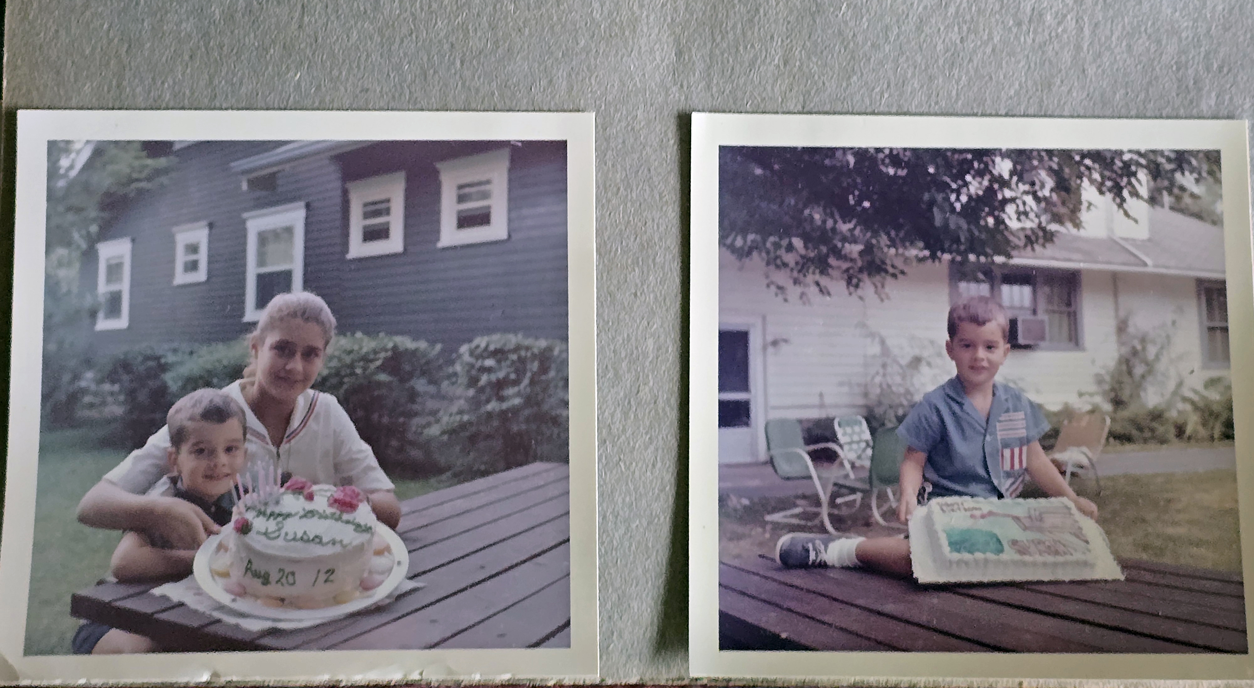 Susan's birthday Rosemary-made cake Susan and Alan in side yard. Alan and Roselyn cake