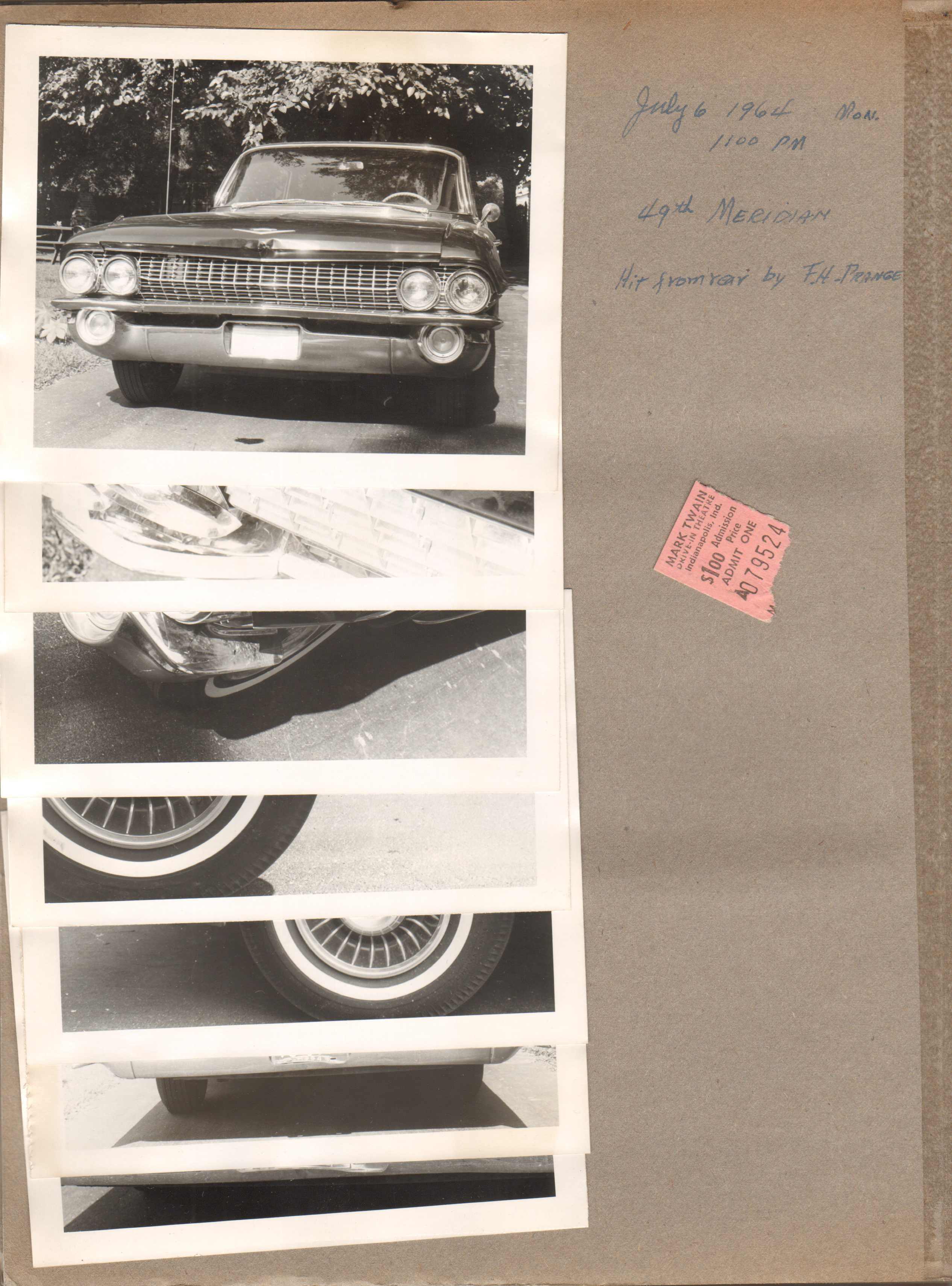 July 6 1964 accident Cadillac - hit by RH Prange. Mark Twain Drive-In Theatre Indianapolis ticket stub.