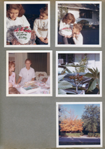 Susan and Alan with Betty's birthday cake. Susan with her Roselyn birthday cake. 6122 yard castor bean next to Cadillac. Golden maple tree across Carrollton.