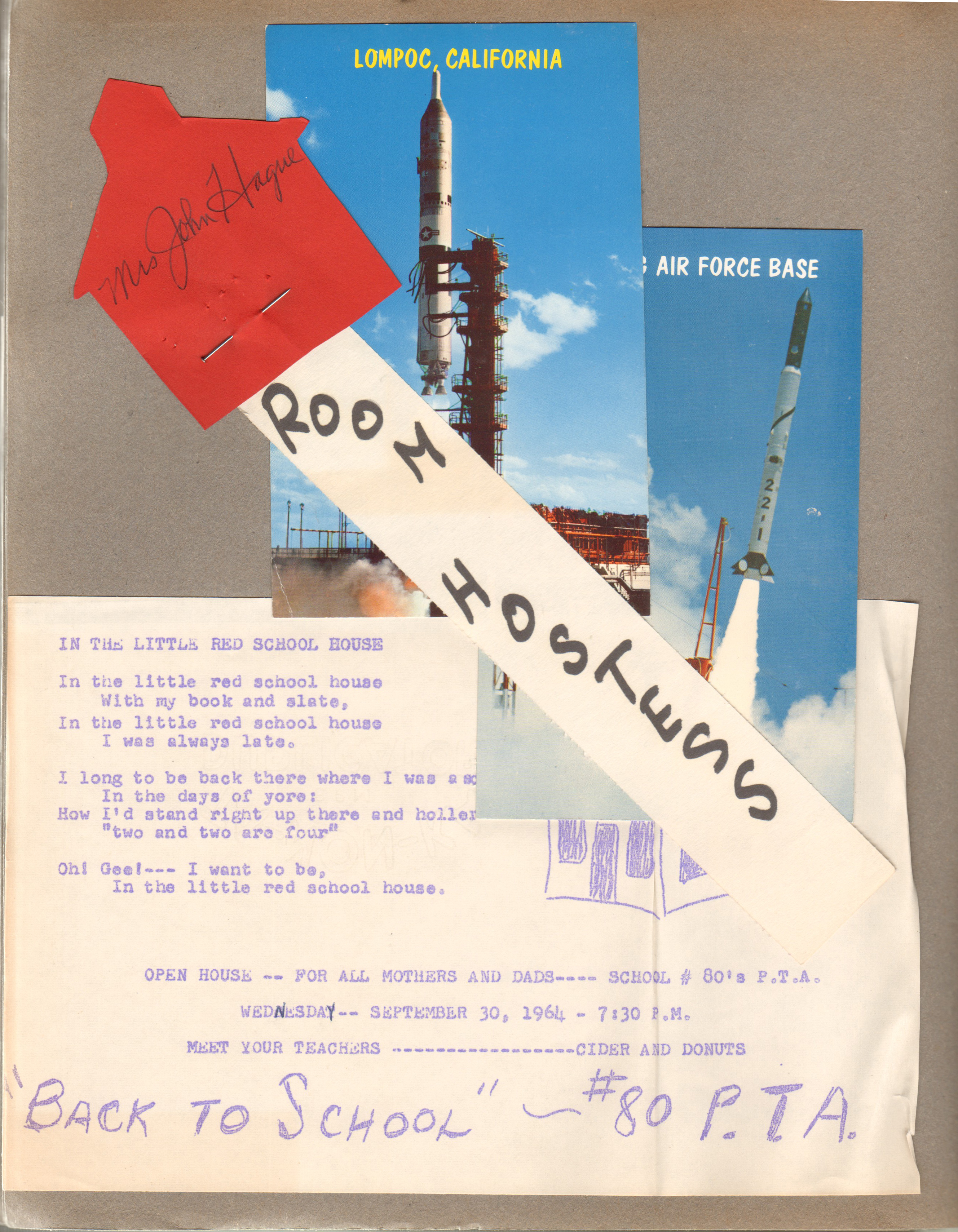 Back to School #80 mimeograph. Rosemary's room hostess badge. Postcard C16534 - Lompoc, California - missile launch.  Postcard C16535 - Vandenberg Air Force Base - missile launch.