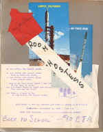 Back to School #80 mimeograph. Rosemary's room hostess badge. Postcard C16534 - Lompoc, California - missile launch.  Postcard C16535 - Vandenberg Air Force Base - missile launch.