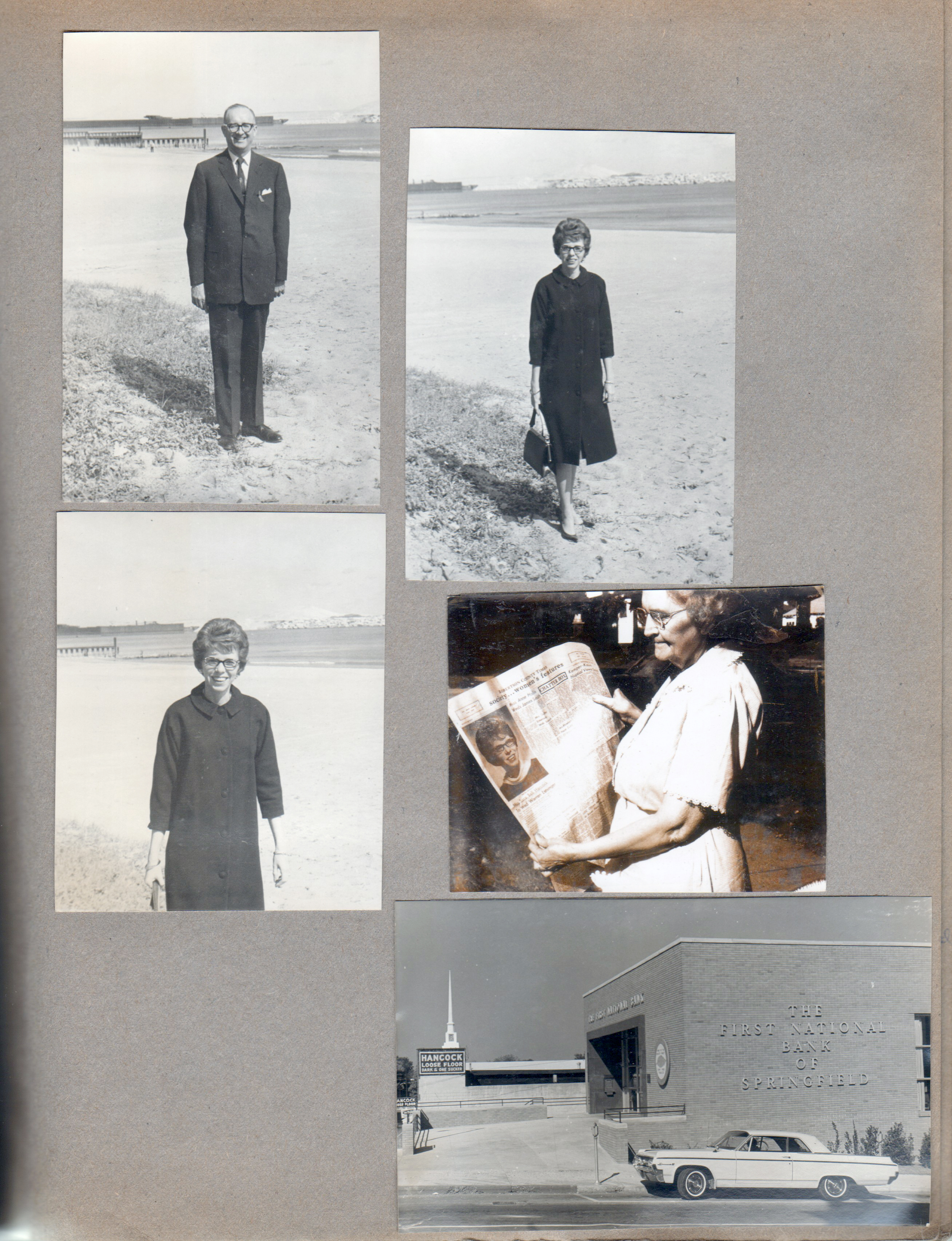 Warren Letsinger. Sara Hancock. Vonnie holding newspaper with Sara's engagement announcement. First National Bank of Springfield
