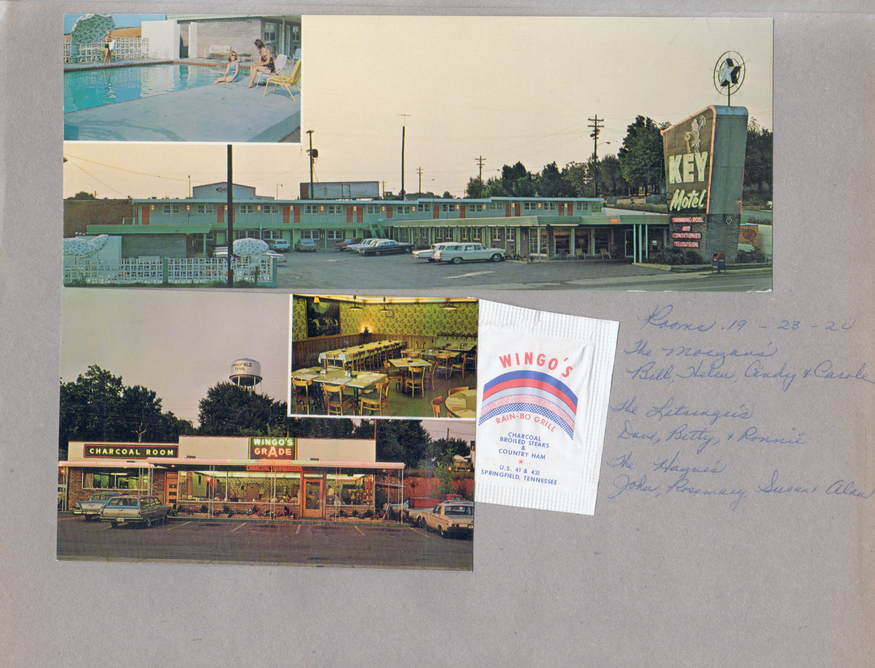 postcard 41417 - Key Motel - Springfield, Tenn.   postcard 47280 - Wingo's Rain-Bo Grill Grade A - Springfield, Tenn. Sugar packet Wingo's