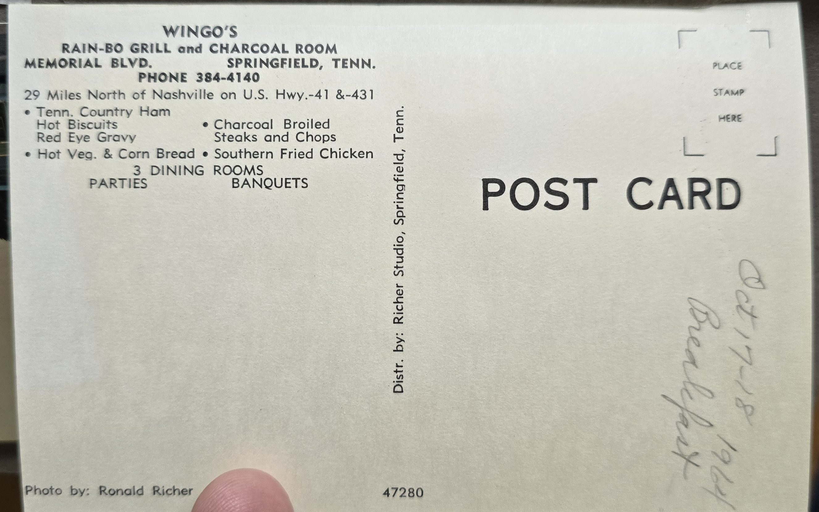 postcard back 47280 - Wingo's Rain-Bo Grill Grade A - Springfield, Tenn. 