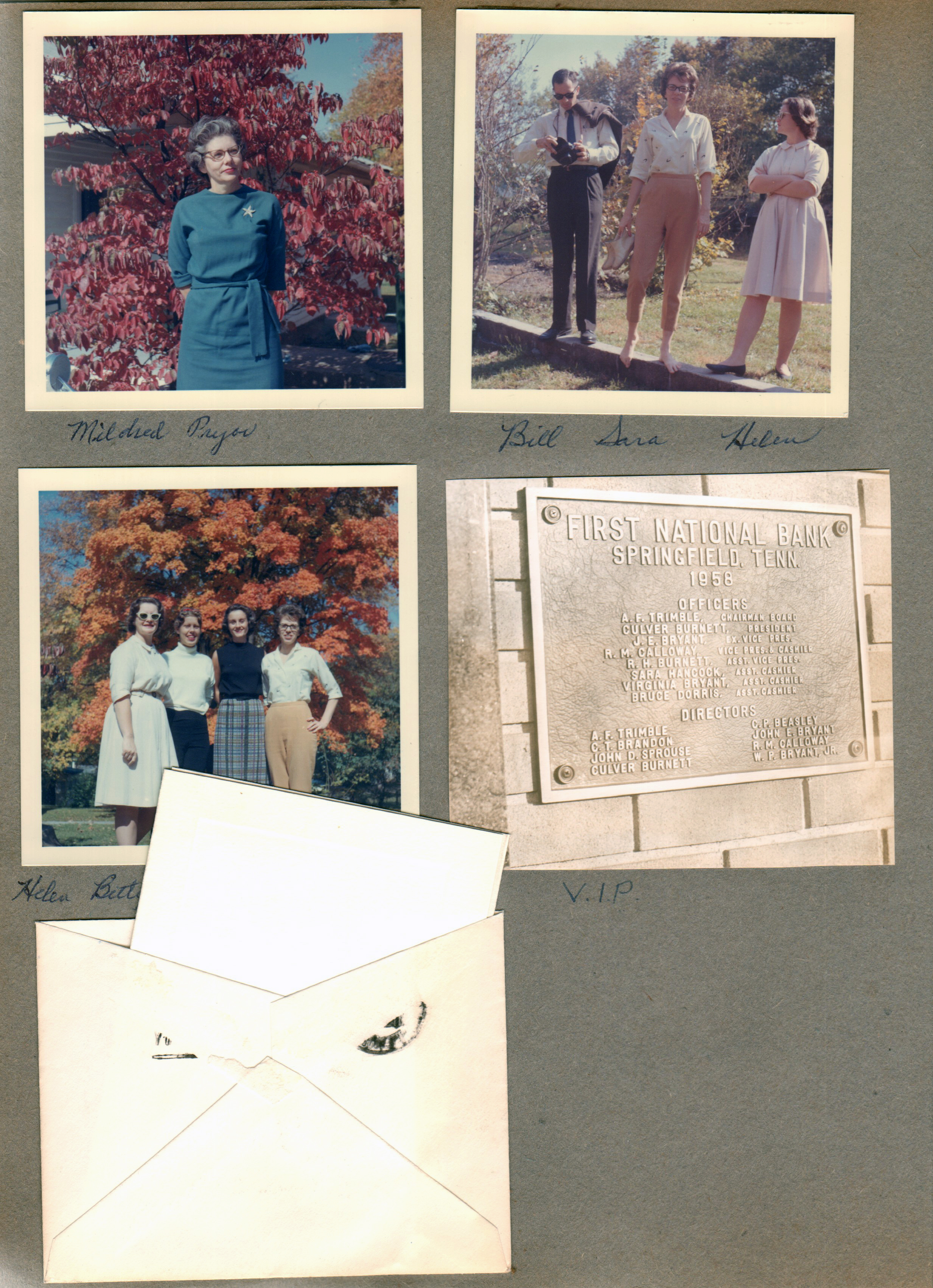 Springfield, Tenn. Sara and Warren's wedding - Mildred Pryor. Bill, Sara, Helen. Helen, Betty, Rosemary and Sara. First National Bank of Springfield plaque