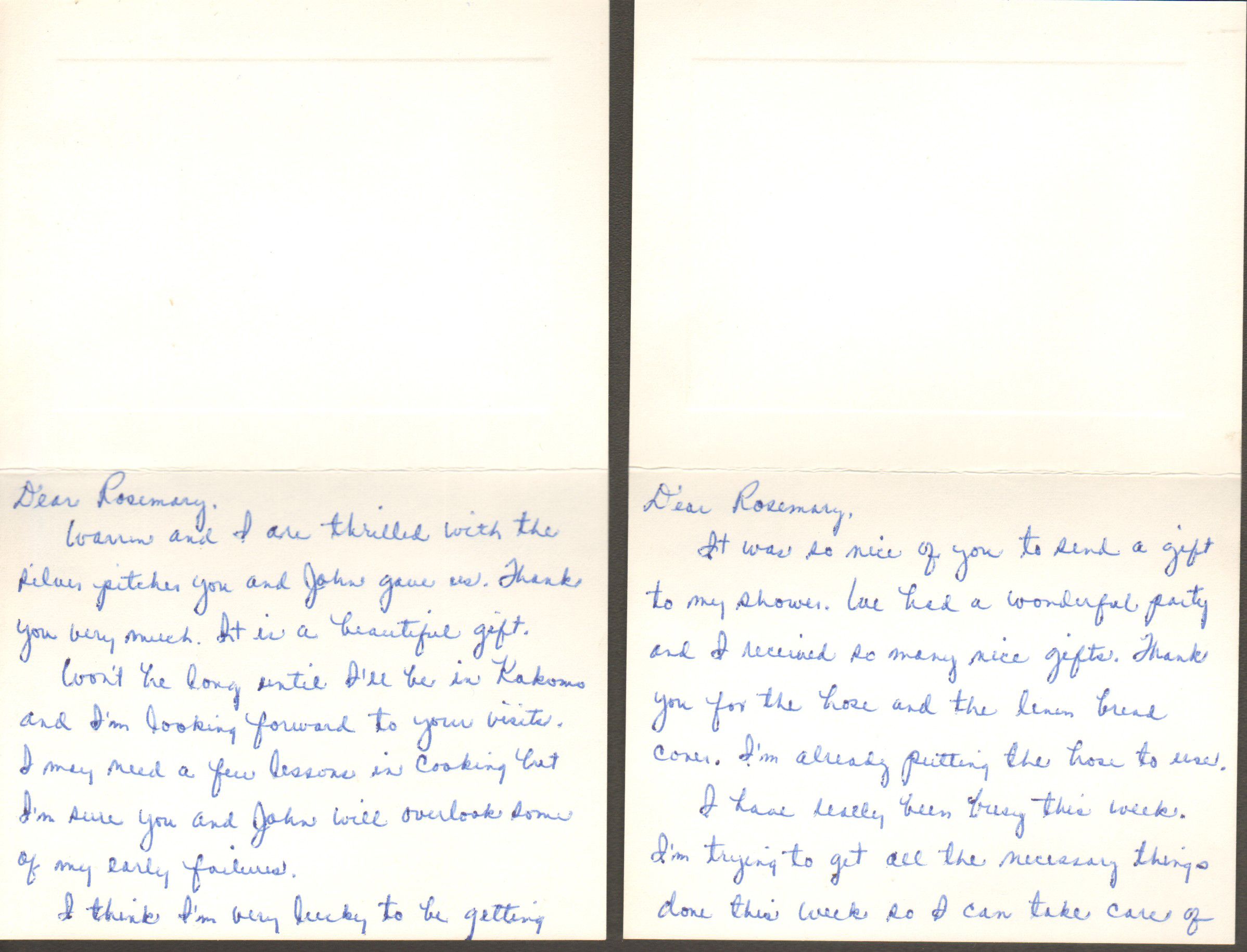 Thank You notes to Rosemary from Sara