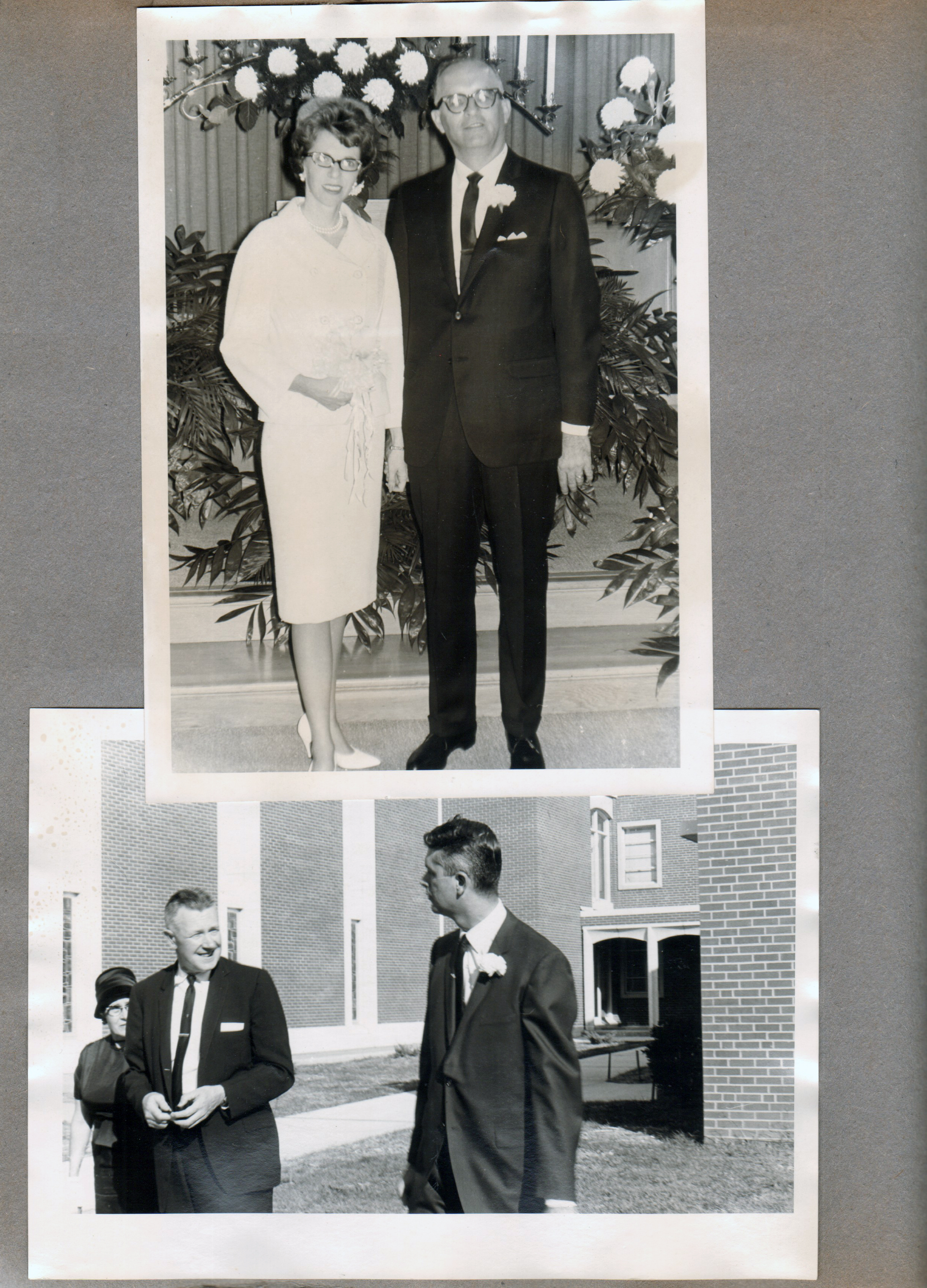 Springfield, Tenn. Sara and Warren's wedding - Mr and Mrs Warren Letsinger at altar. John outside of church